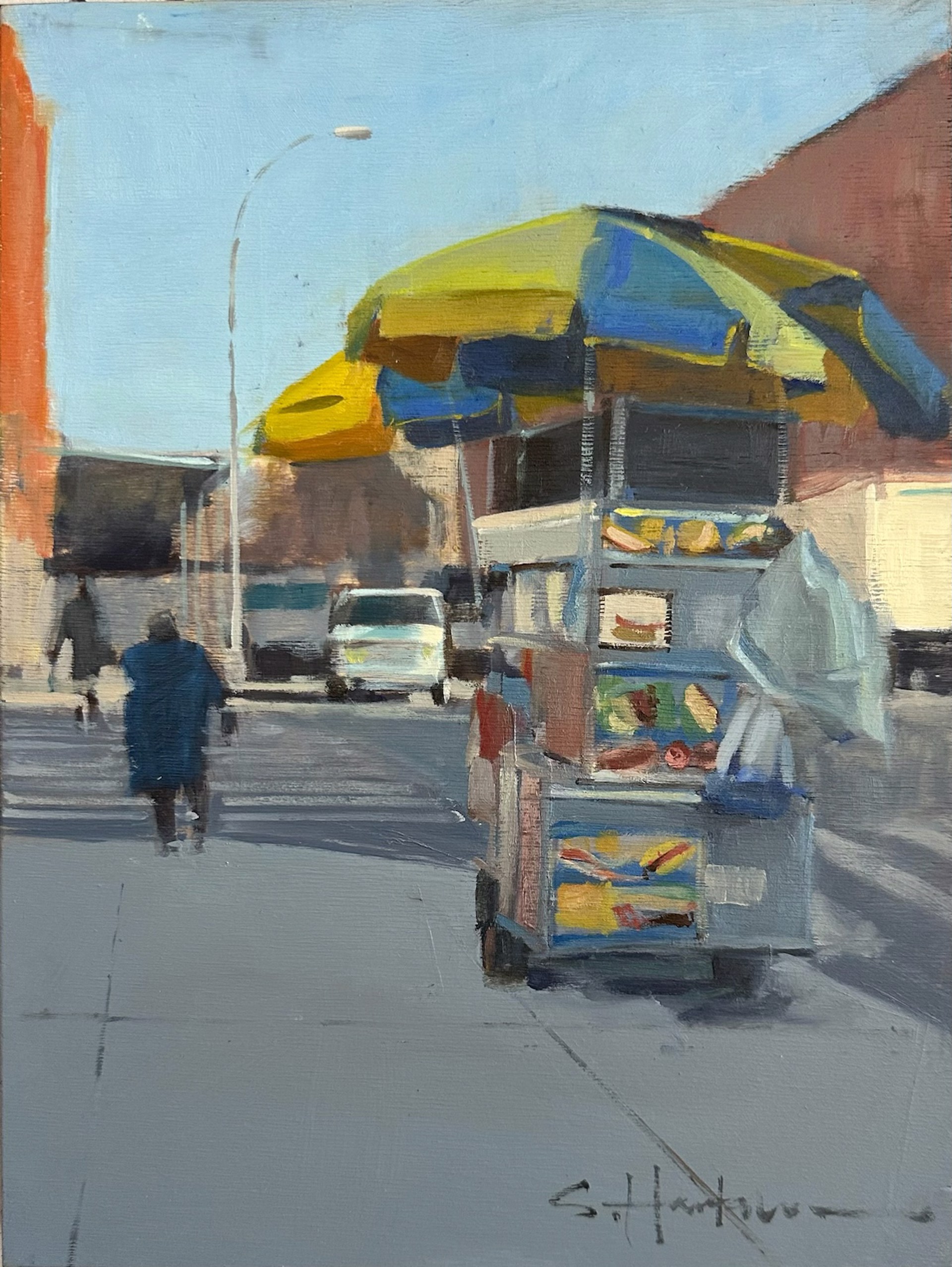 A painting of a street vendor selling fruit and vegetables on a city street.