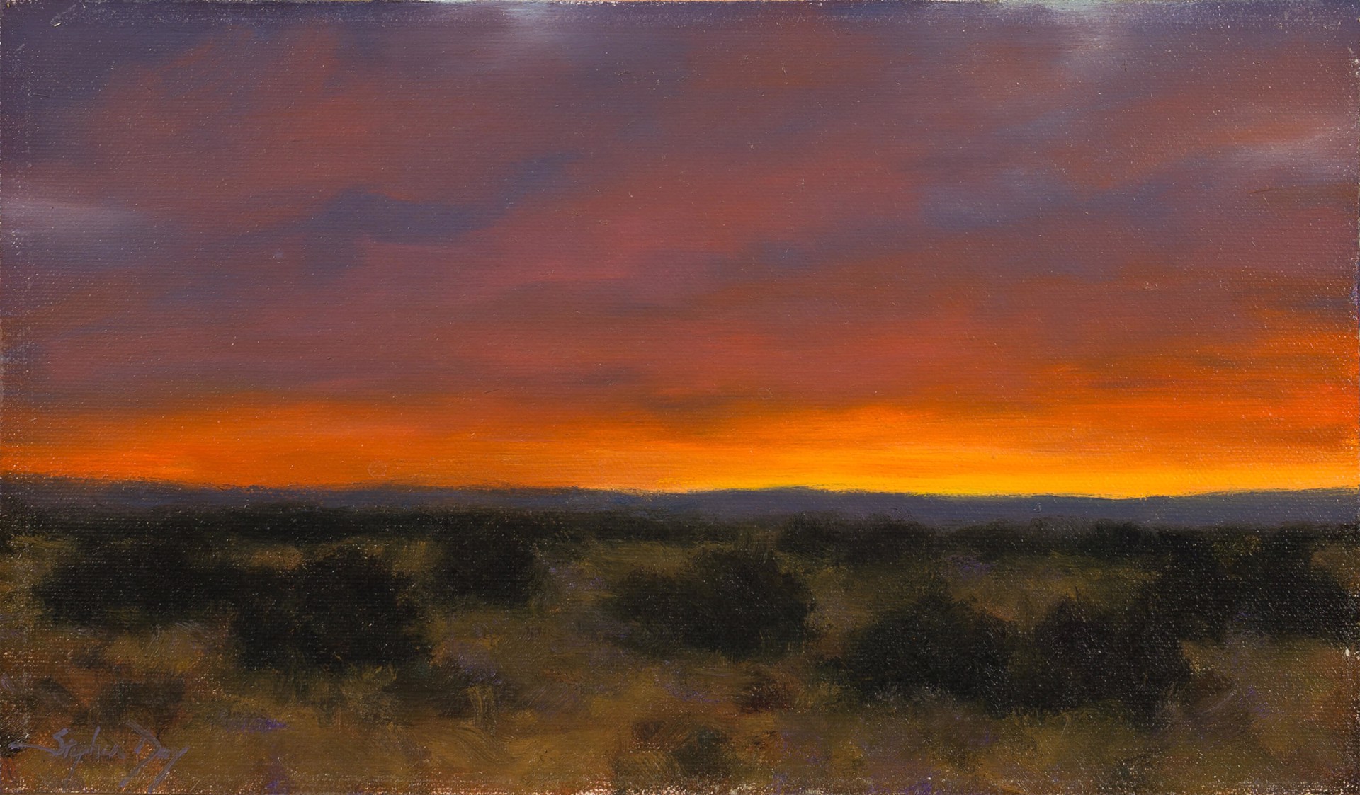 A landscape painting of a desert sunset with a vibrant orange sky and dark shrubbery.