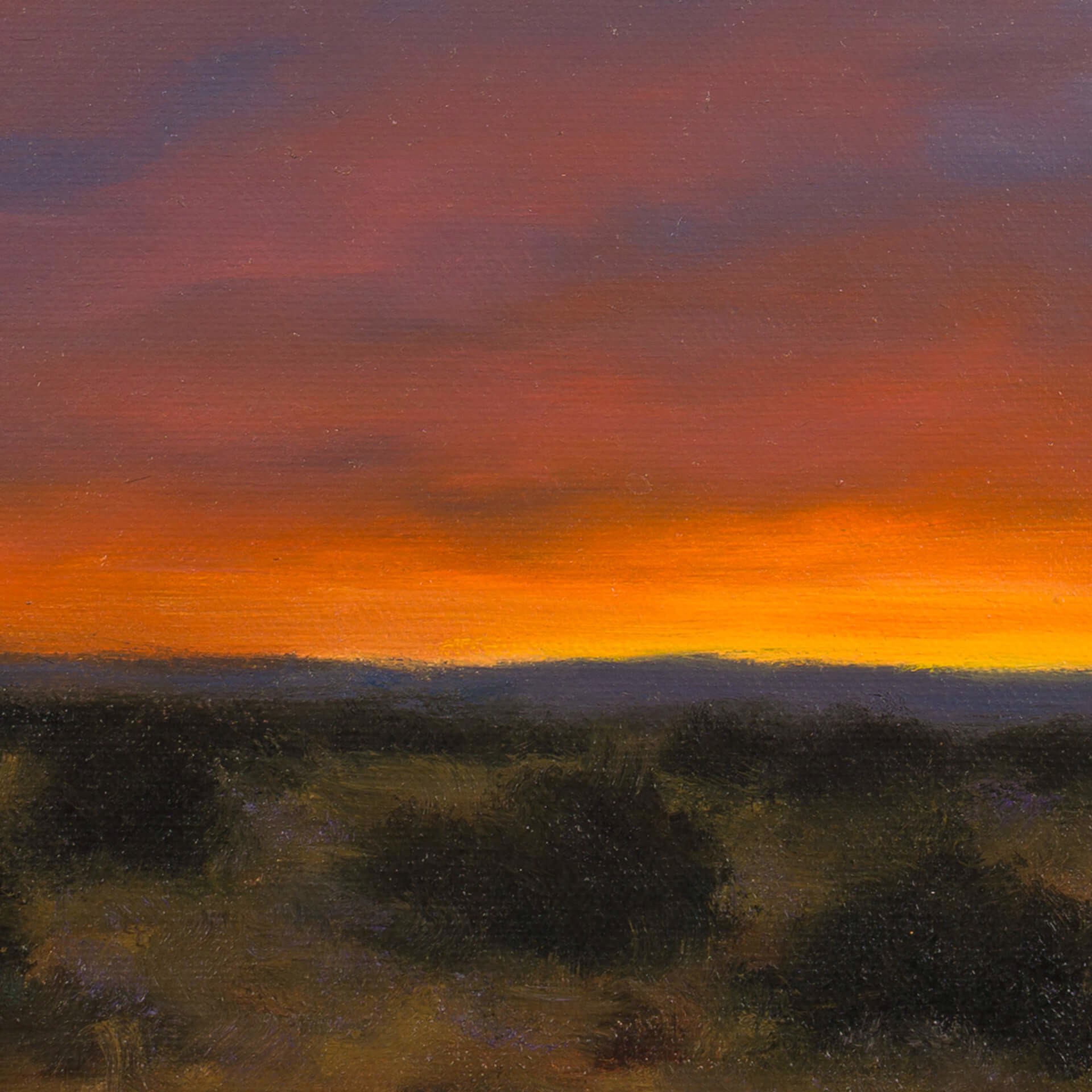 A landscape painting of a desert sunset with a vibrant orange sky and dark shrubbery.