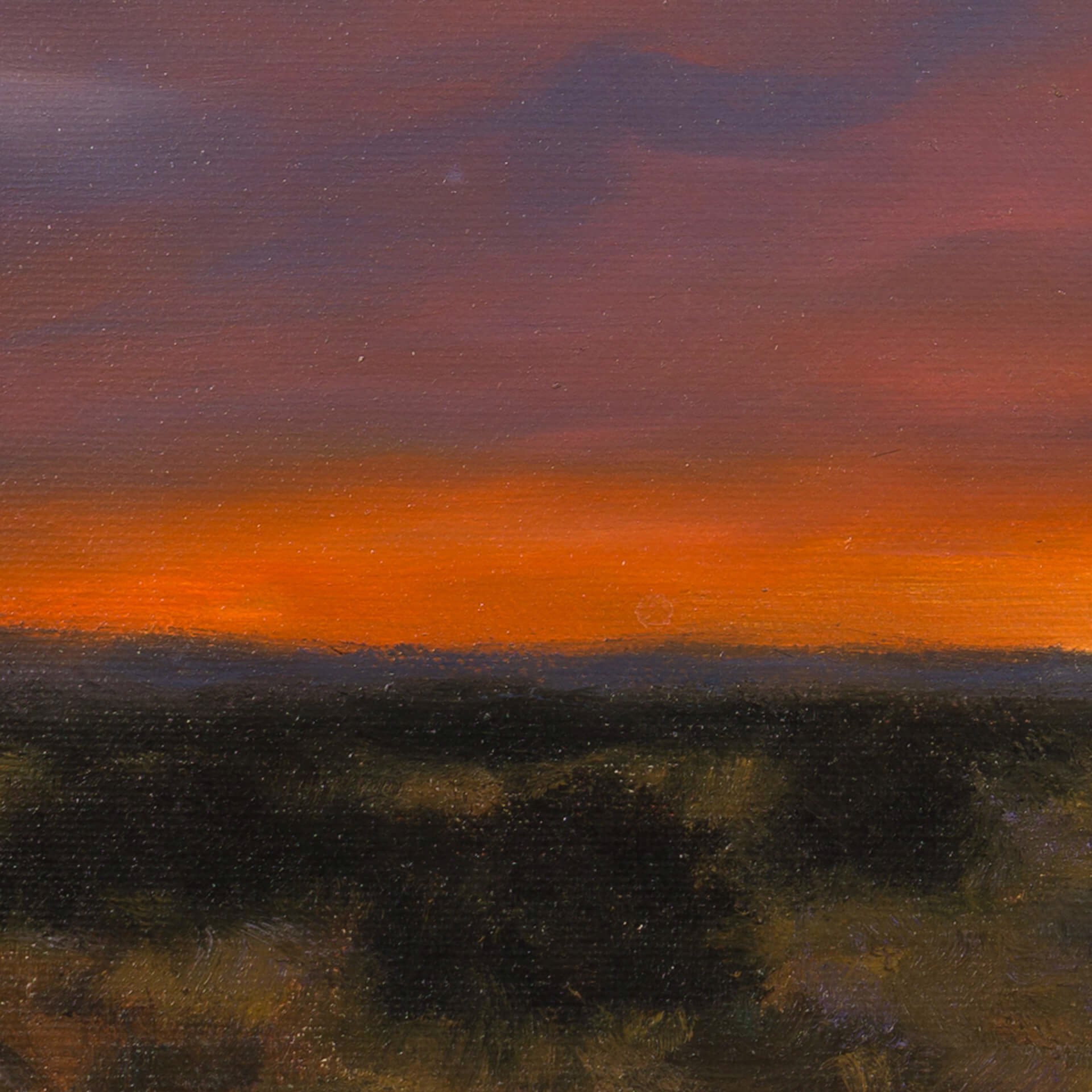 A landscape painting of a desert sunset with a vibrant orange sky and dark shrubbery.