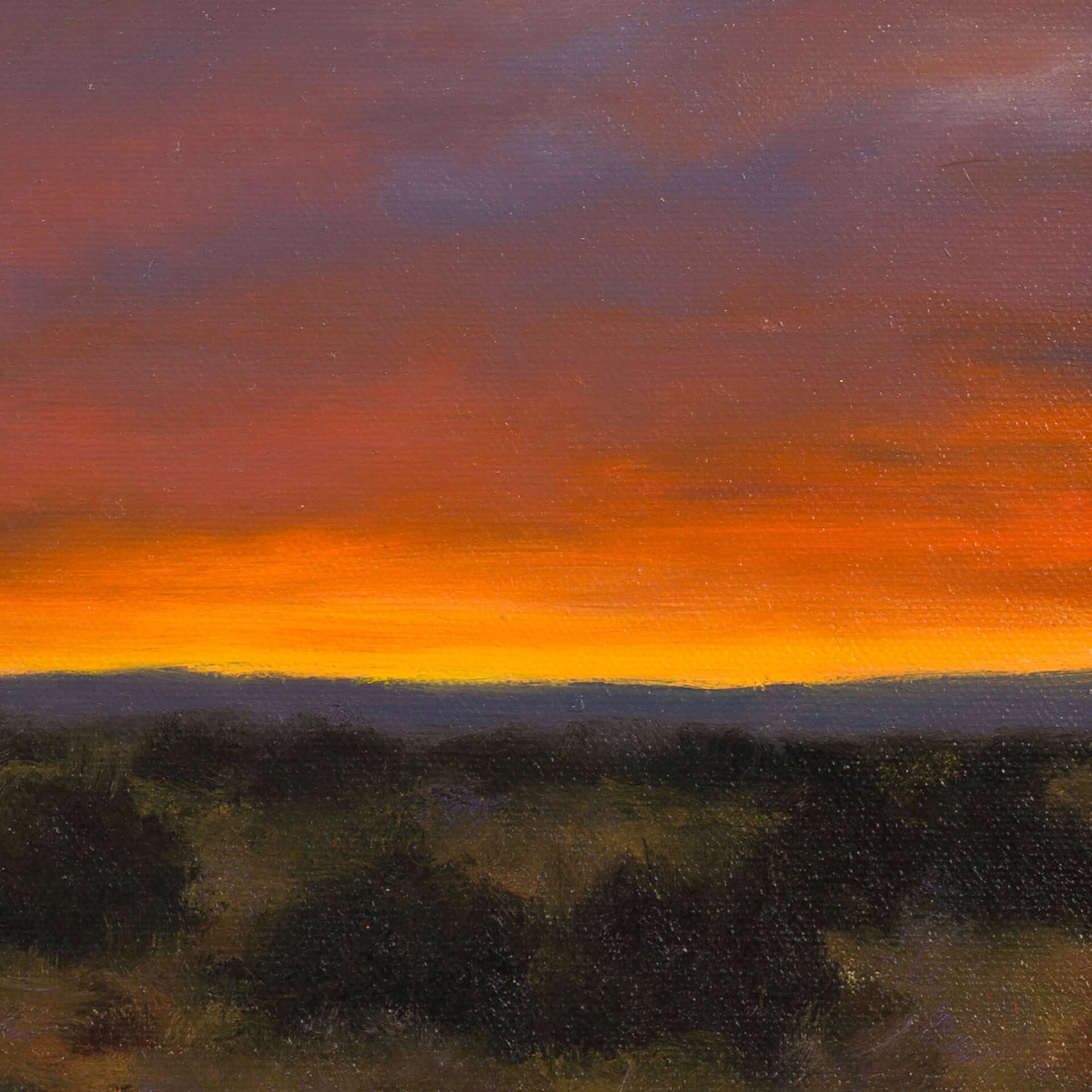 A landscape painting of a desert sunset with a vibrant orange sky and dark shrubbery.