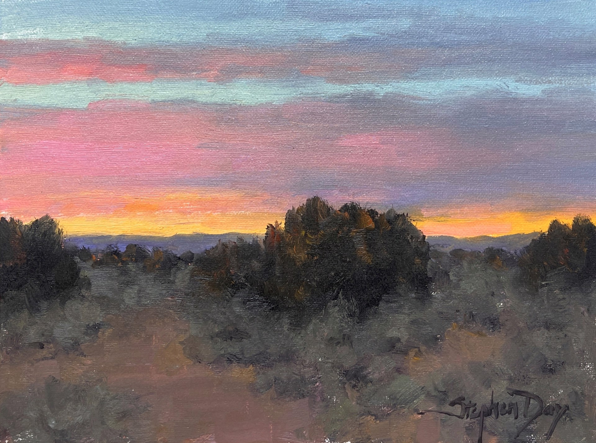 A painting of a sunset over a field with trees.