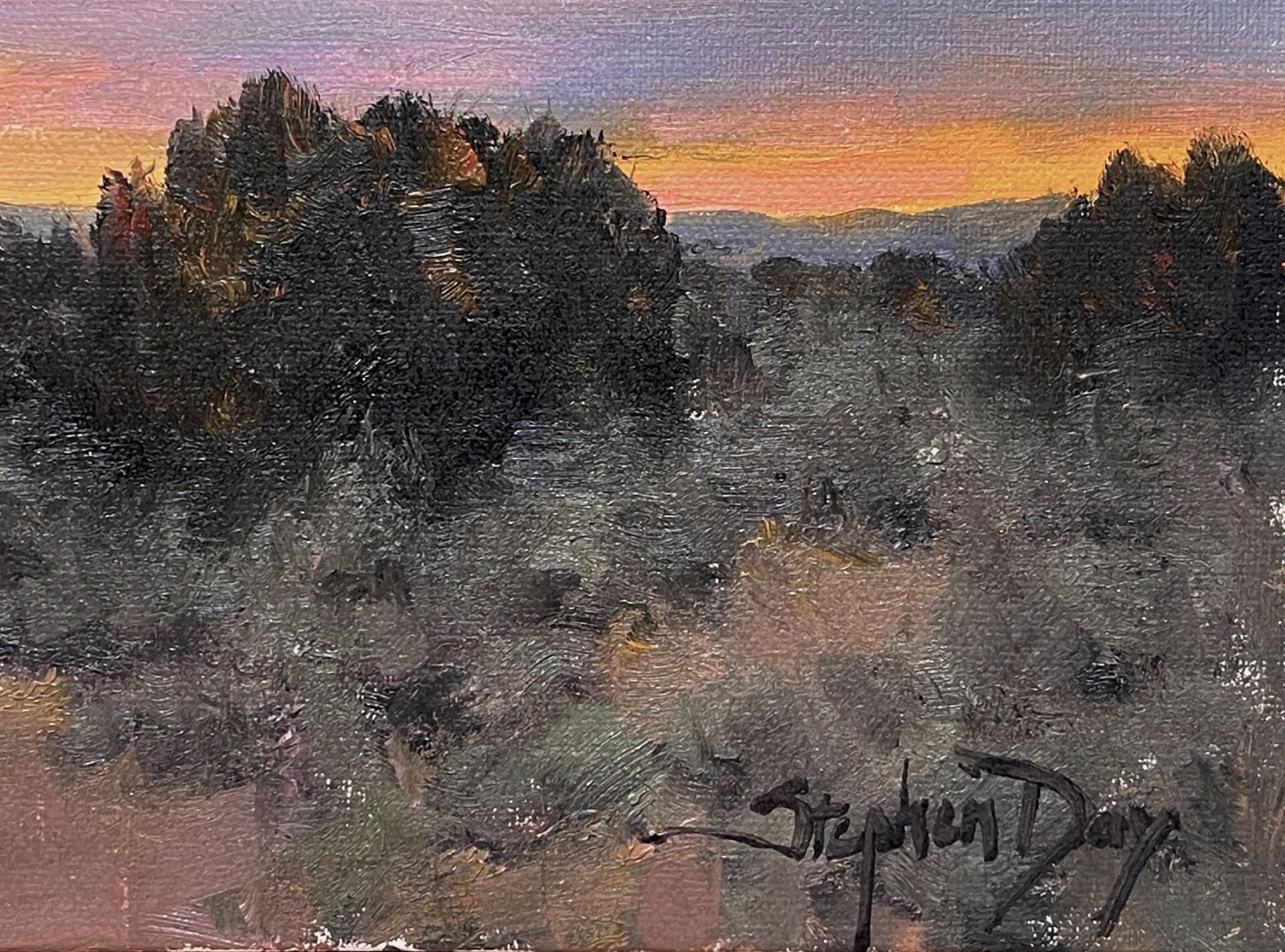 A painting of a sunset over a field with trees.