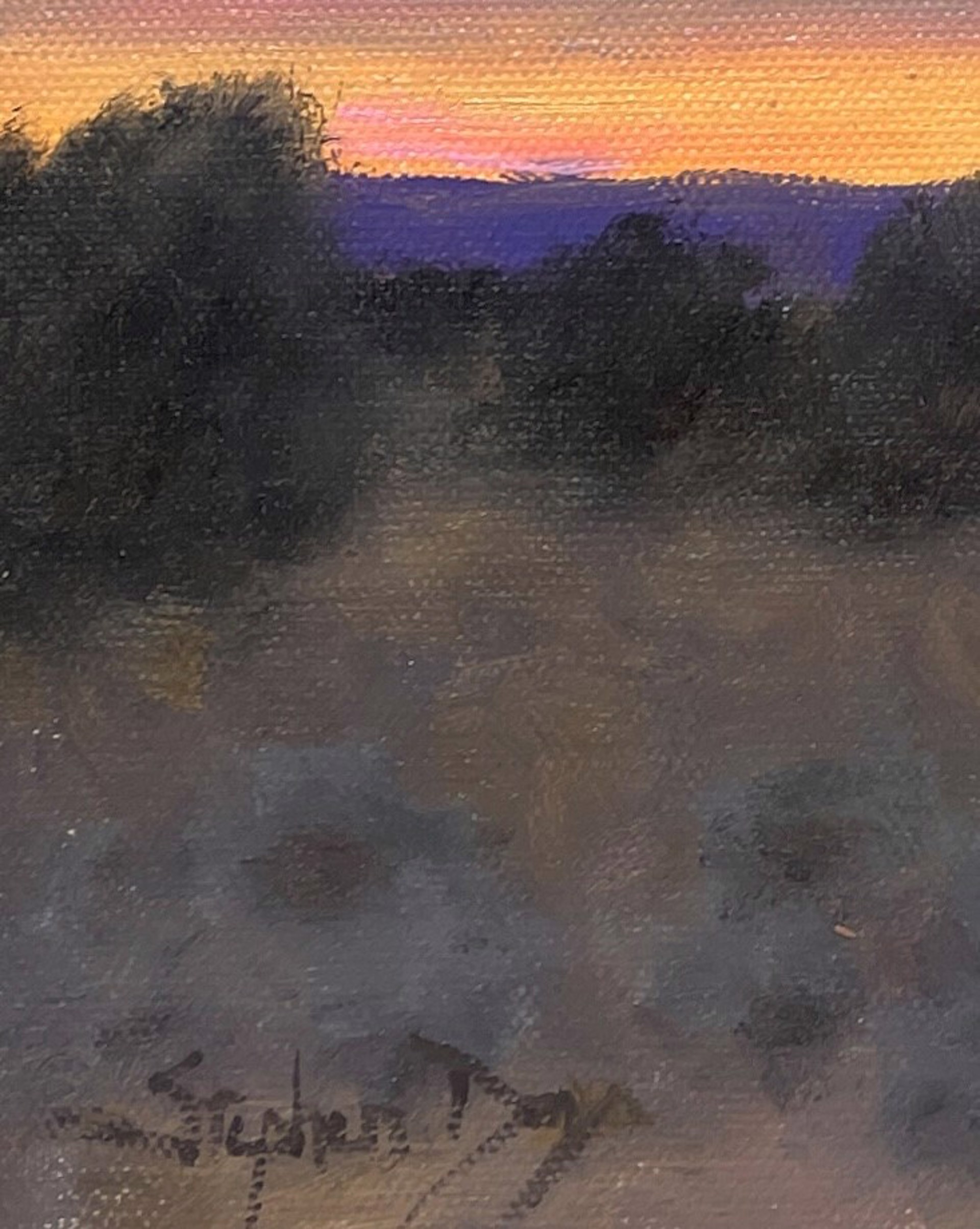 A painting of a sunset in the desert with clouds in the sky.