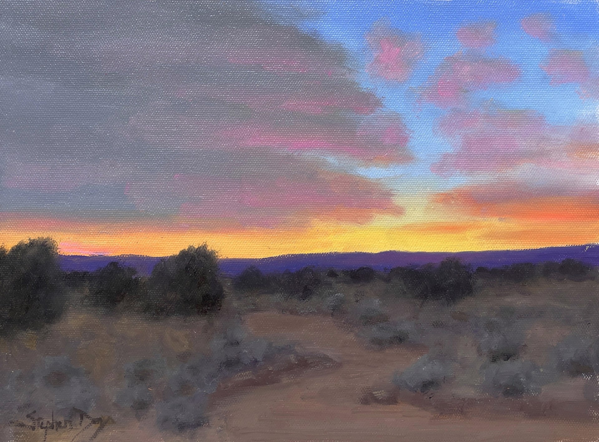 A painting of a sunset in the desert with clouds in the sky.
