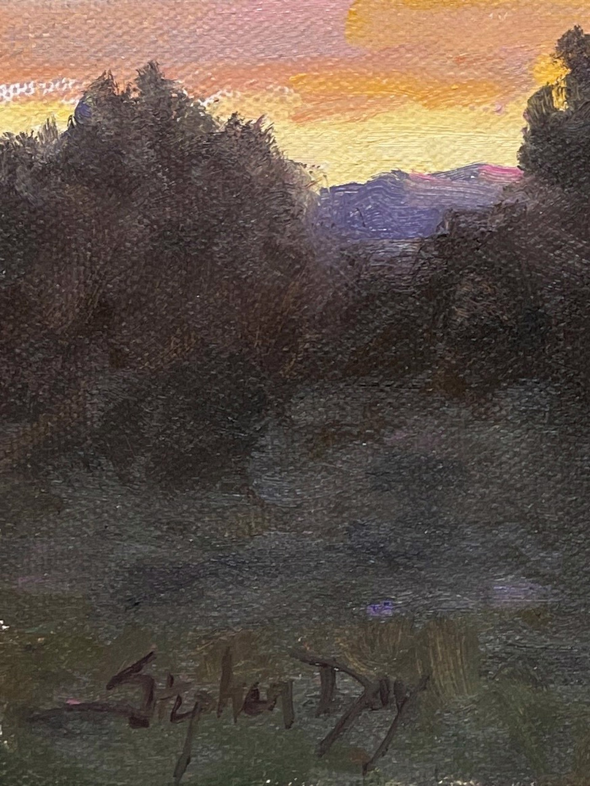A painting of a sunset with trees in the foreground.