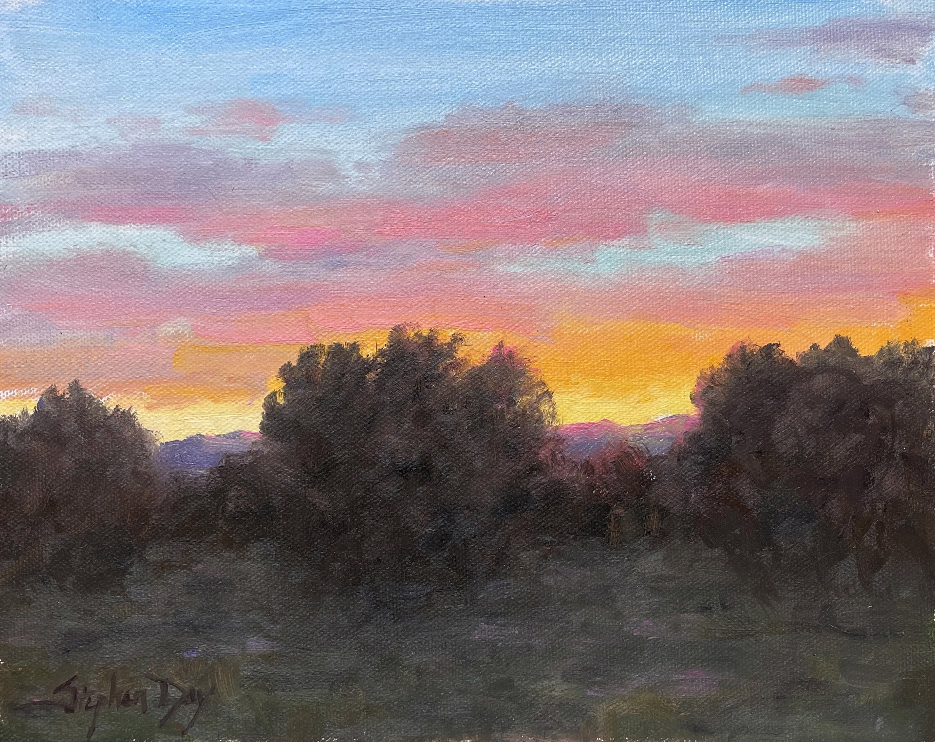 A painting of a sunset with trees in the foreground.