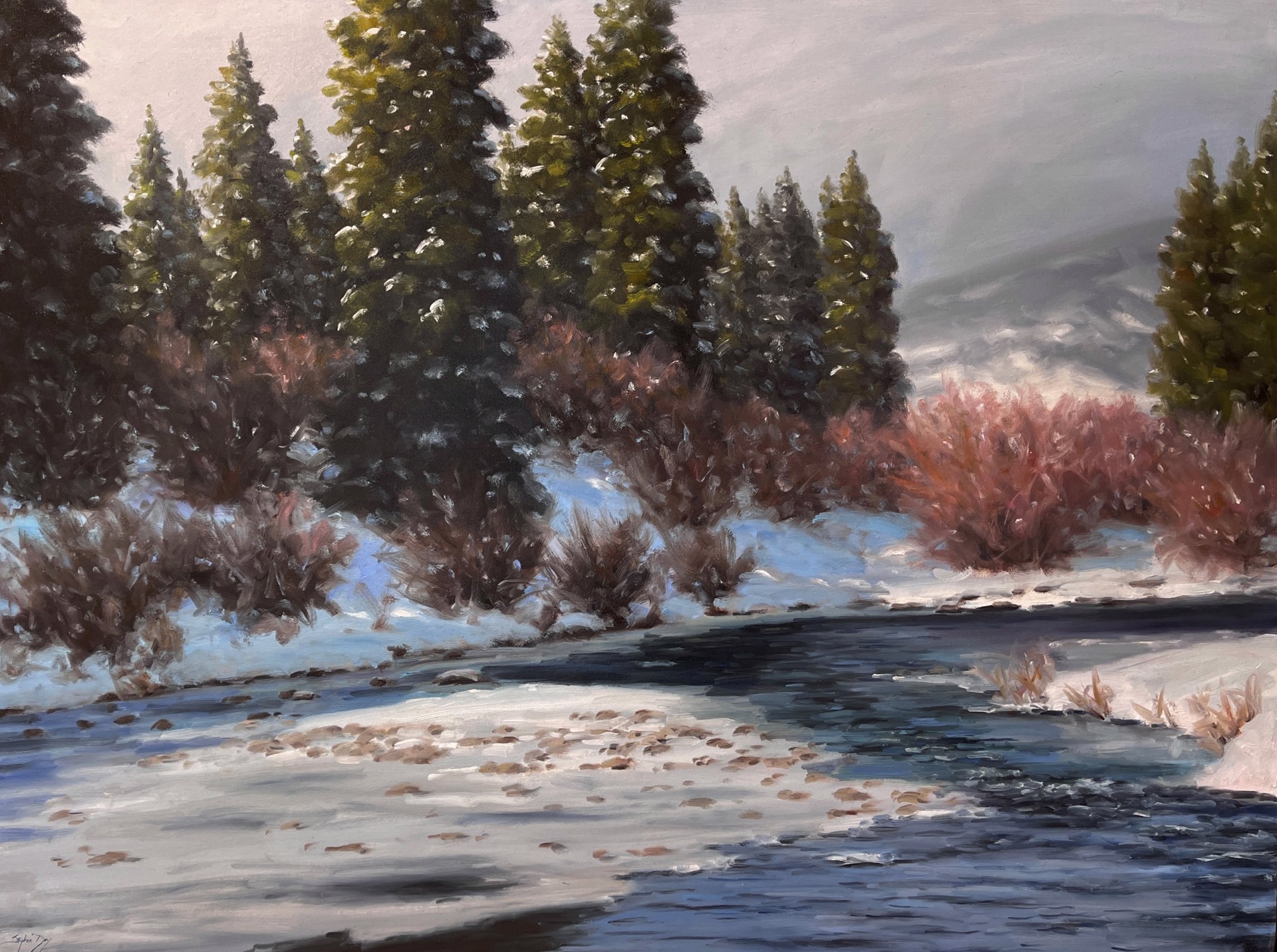 A painting of a river in the middle of a snowy landscape.