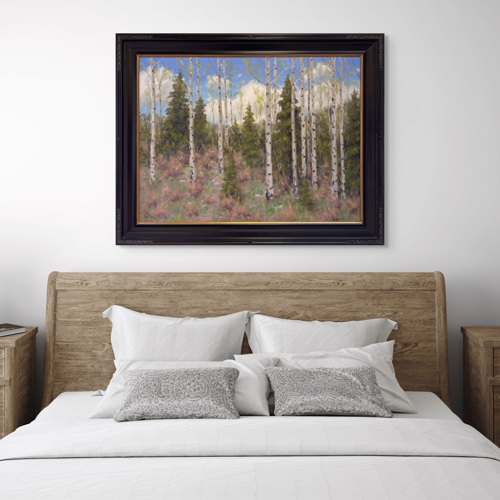 A serene landscape painting of a forest with tall white-barked trees and evergreens under a blue sky.