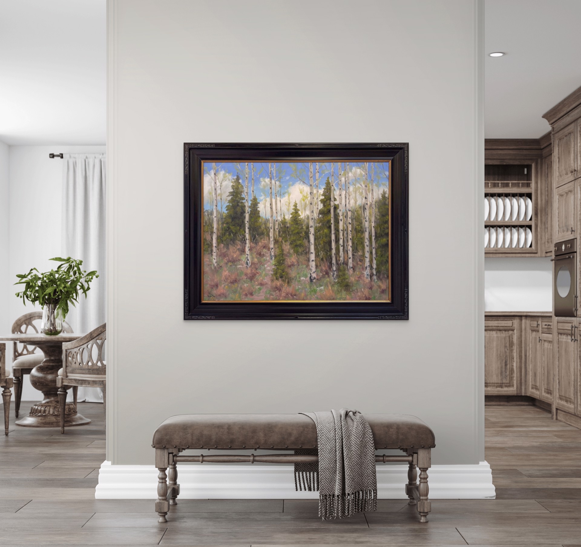 A serene landscape painting of a forest with tall white-barked trees and evergreens under a blue sky.