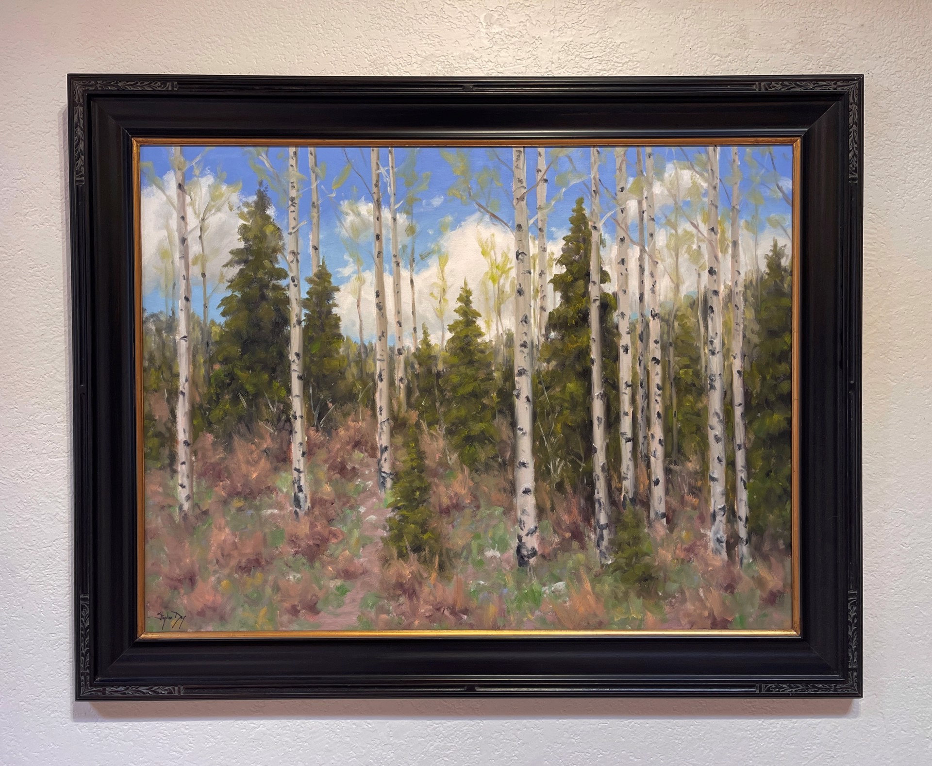 A serene landscape painting of a forest with tall white-barked trees and evergreens under a blue sky.