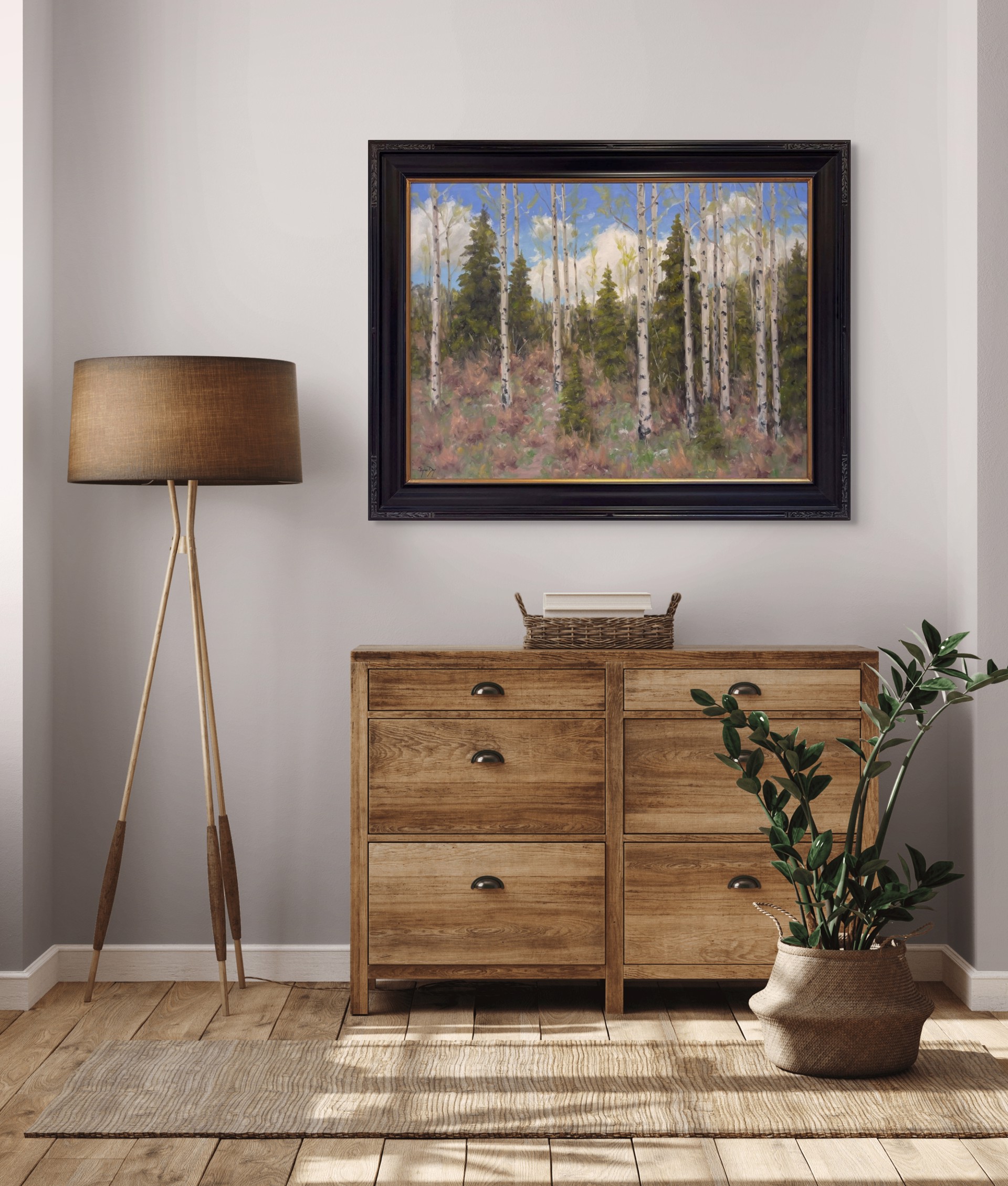 A serene landscape painting of a forest with tall white-barked trees and evergreens under a blue sky.