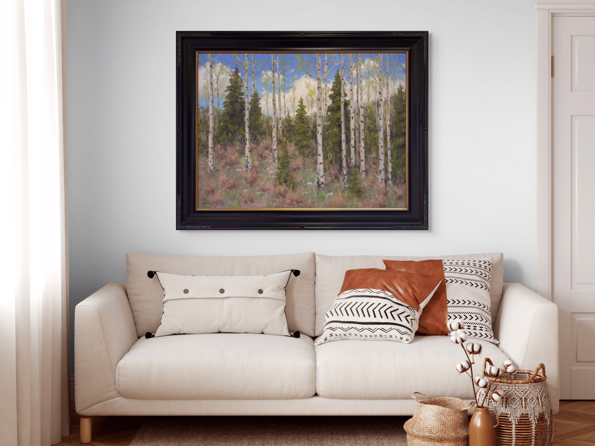 A serene landscape painting of a forest with tall white-barked trees and evergreens under a blue sky.