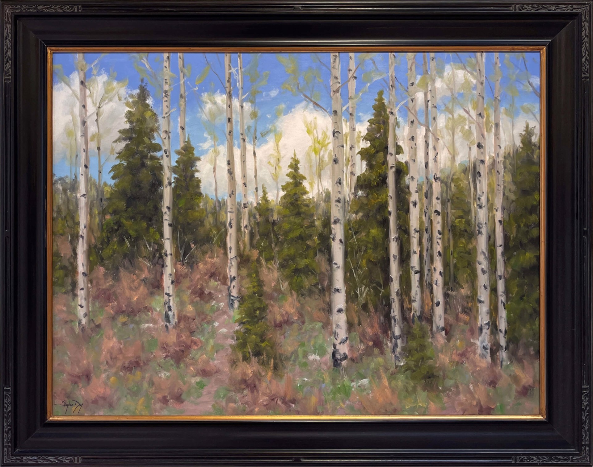 A serene landscape painting of a forest with tall white-barked trees and evergreens under a blue sky.