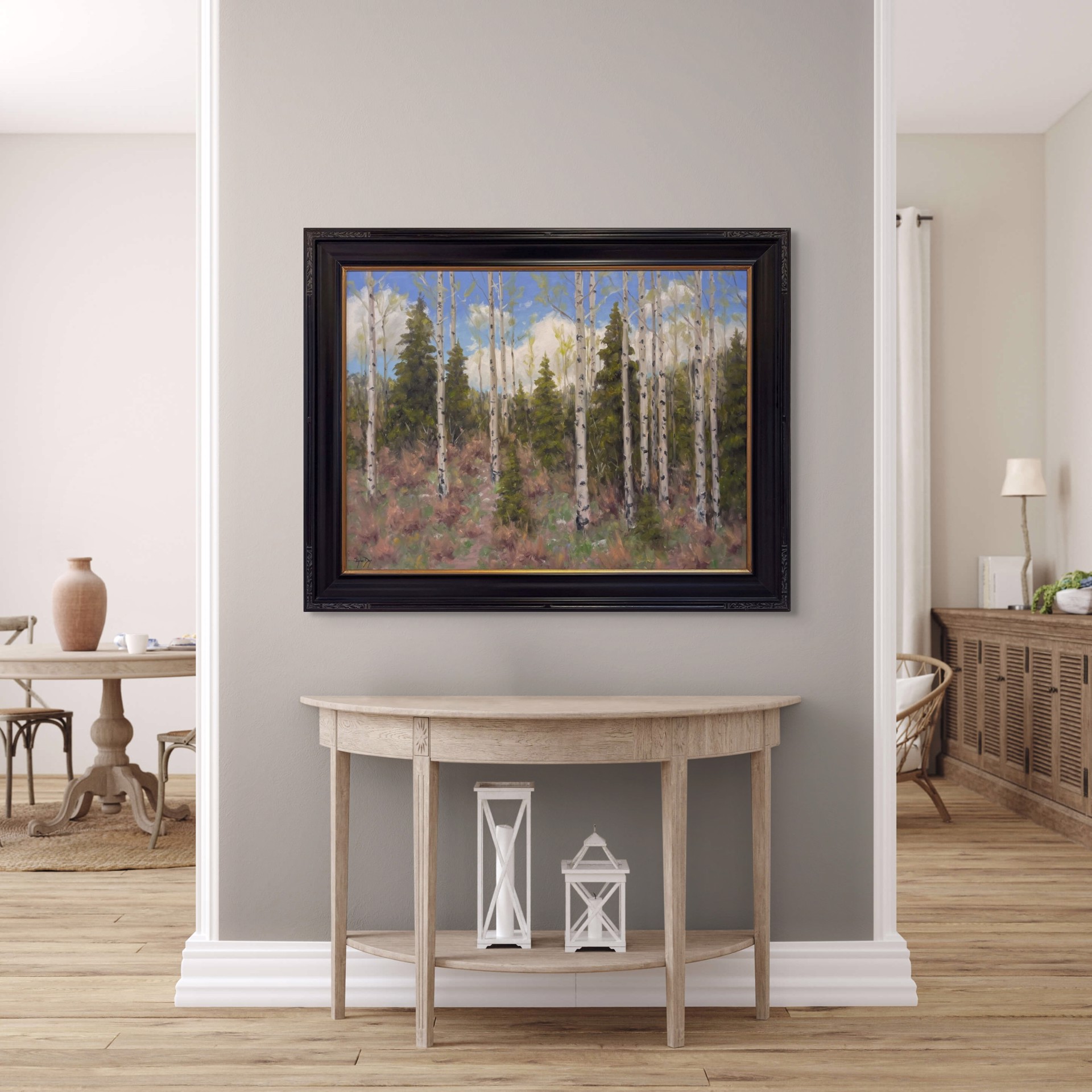 A serene landscape painting of a forest with tall white-barked trees and evergreens under a blue sky.