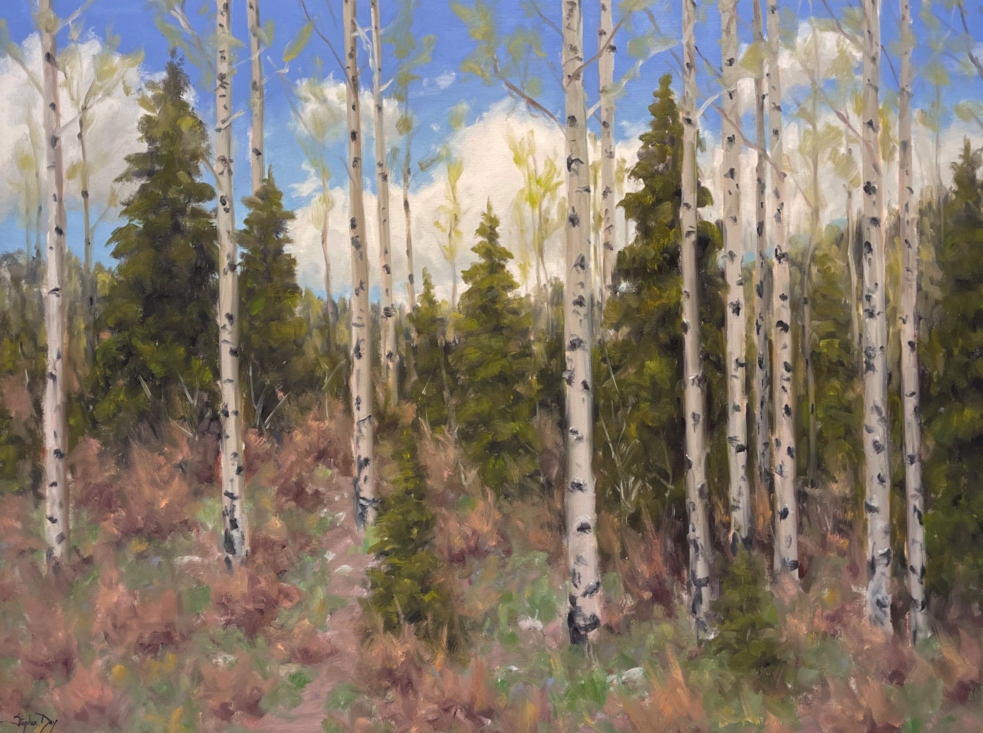 A serene landscape painting of a forest with tall white-barked trees and evergreens under a blue sky.