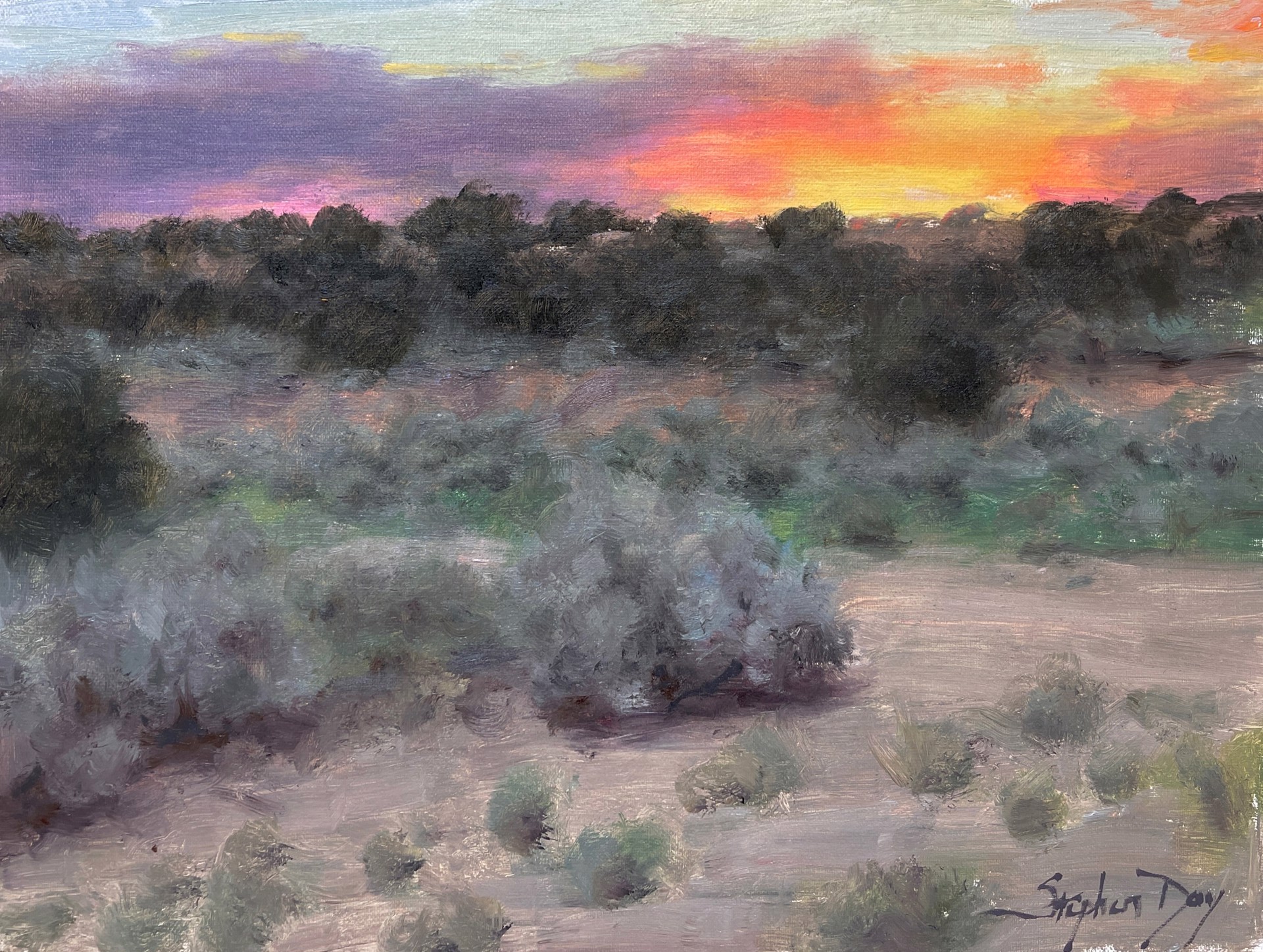 A painting of a sunset in the desert with trees in the background.