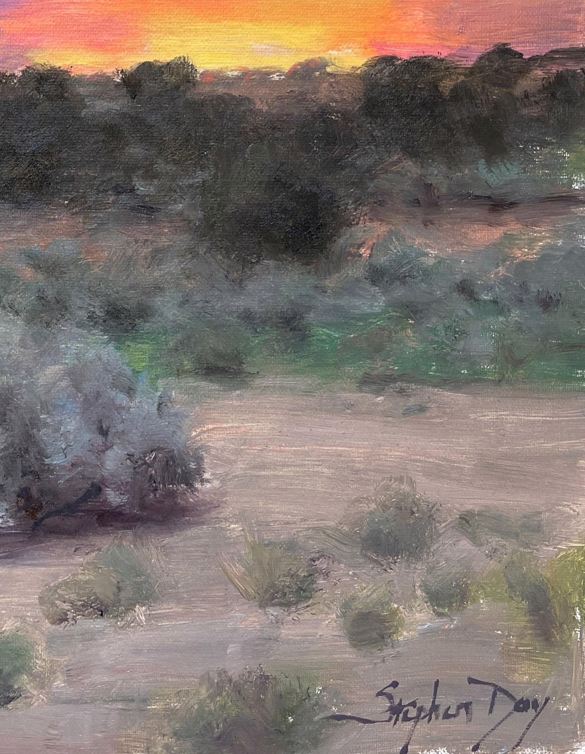 A painting of a sunset in the desert with trees in the background.