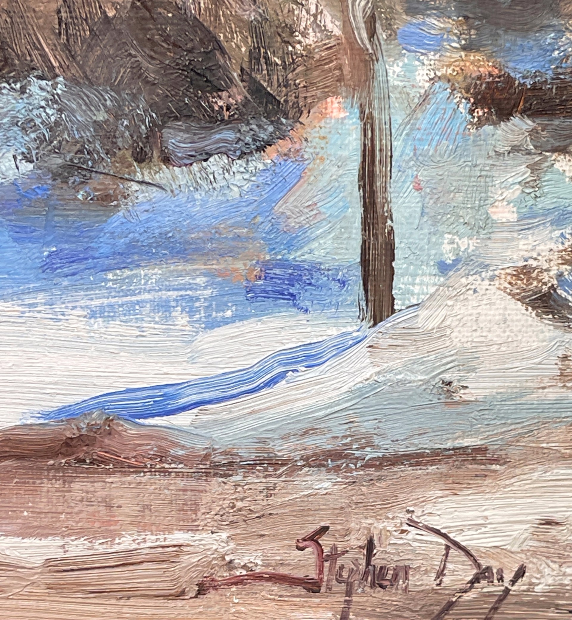 A painting of a snowy landscape with trees in the background.
