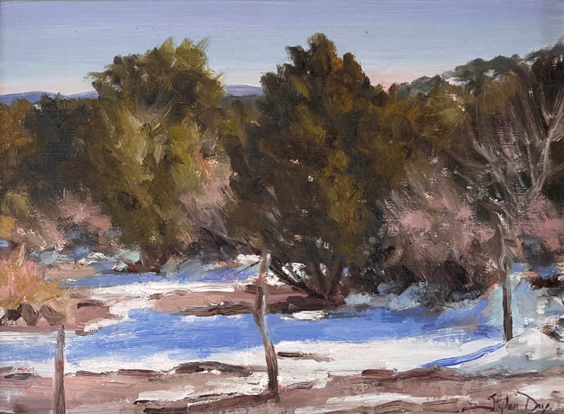 A painting of a snowy landscape with trees in the background.