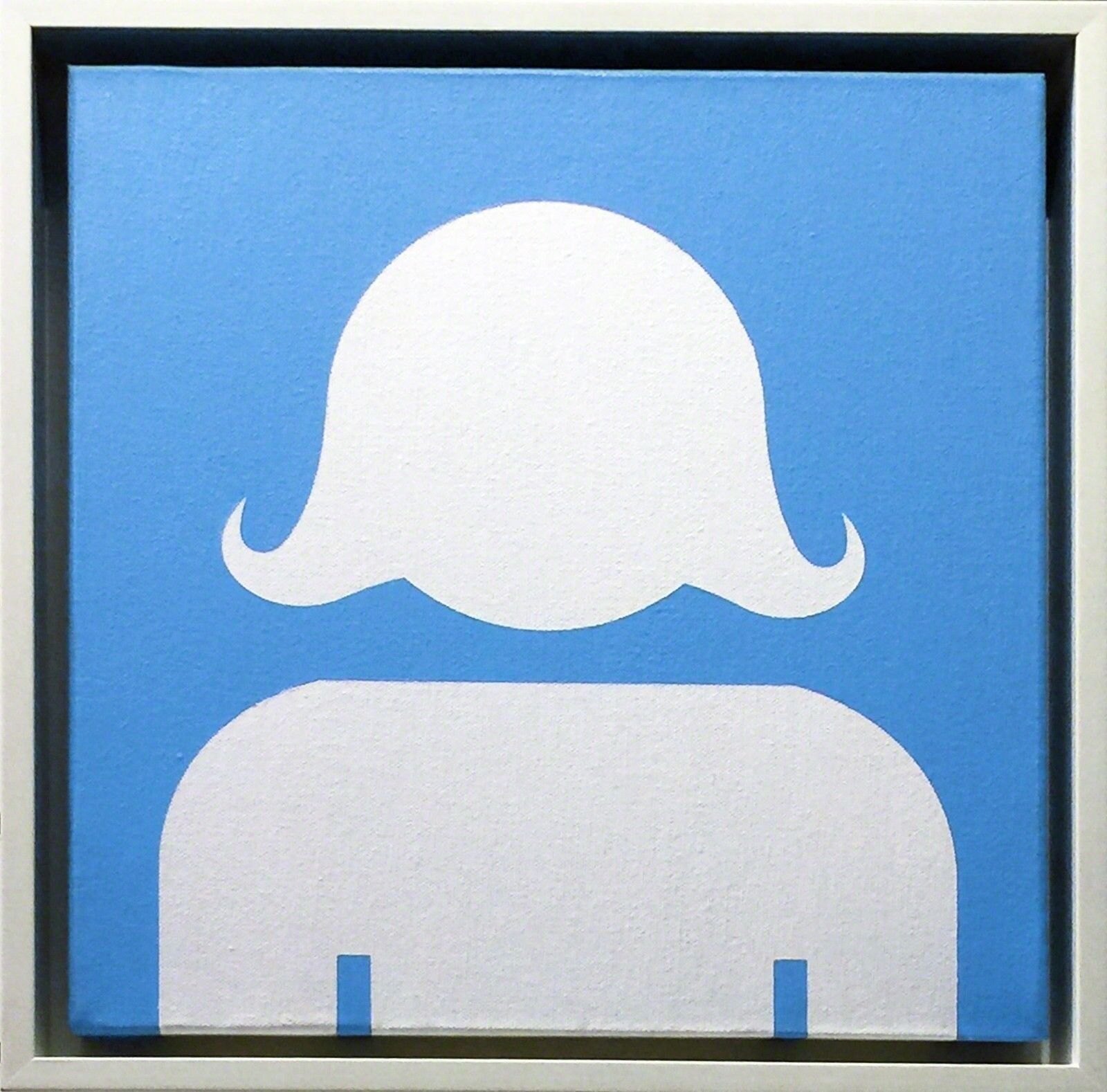 A blue and white picture of a man with a mustache.