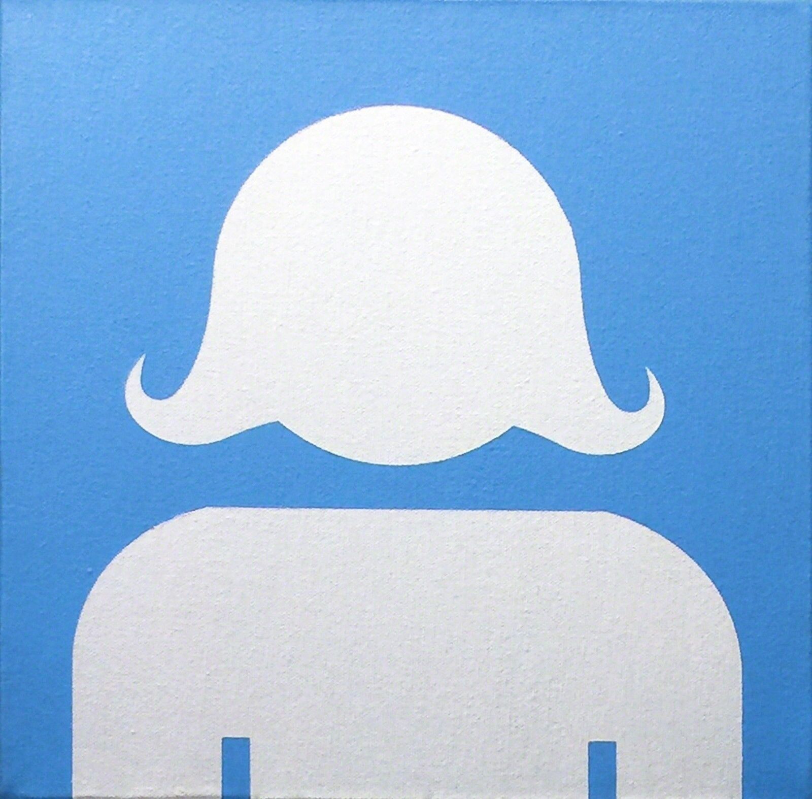 A blue and white picture of a man with a mustache.