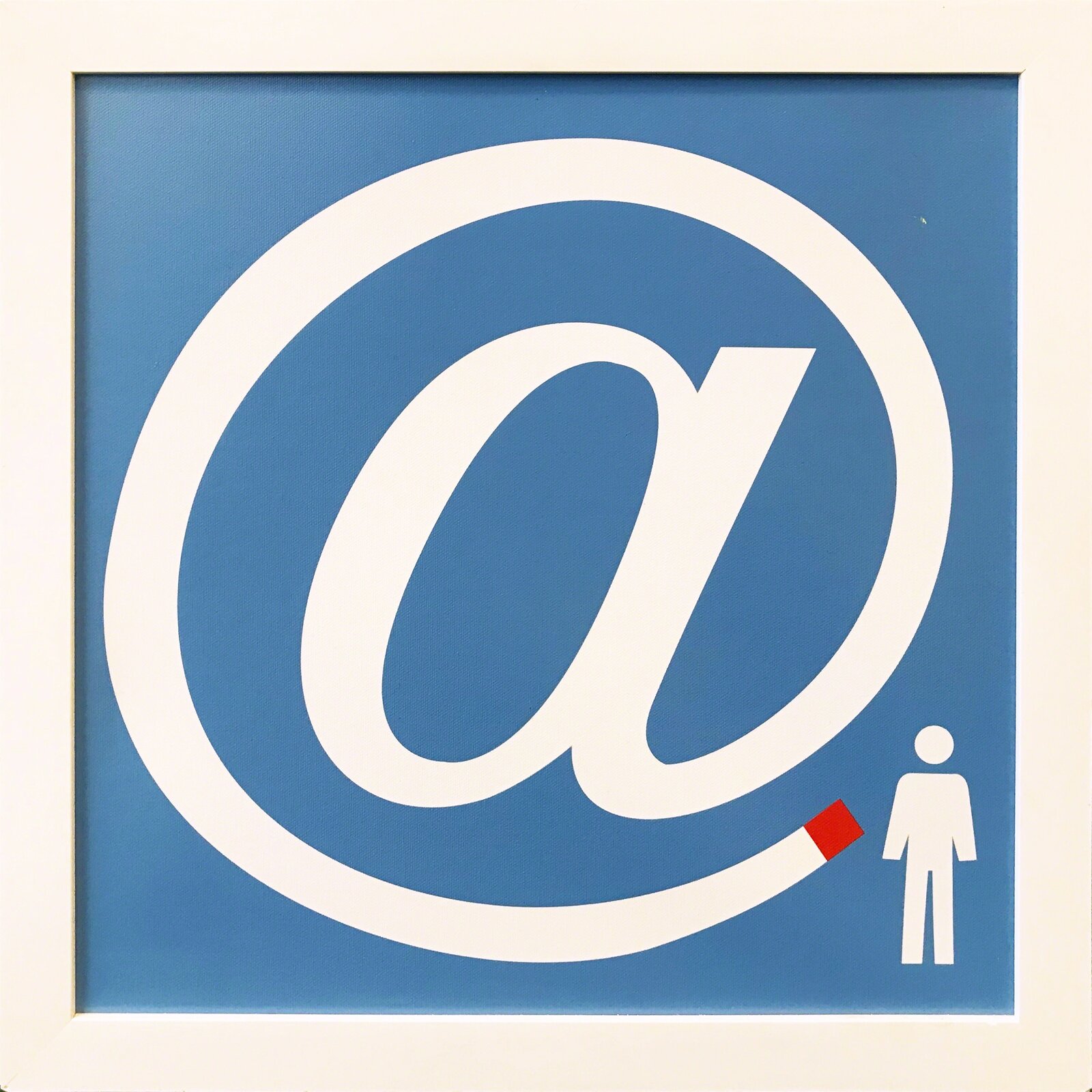 A blue and white sign with an email symbol and a person holding a magnet.