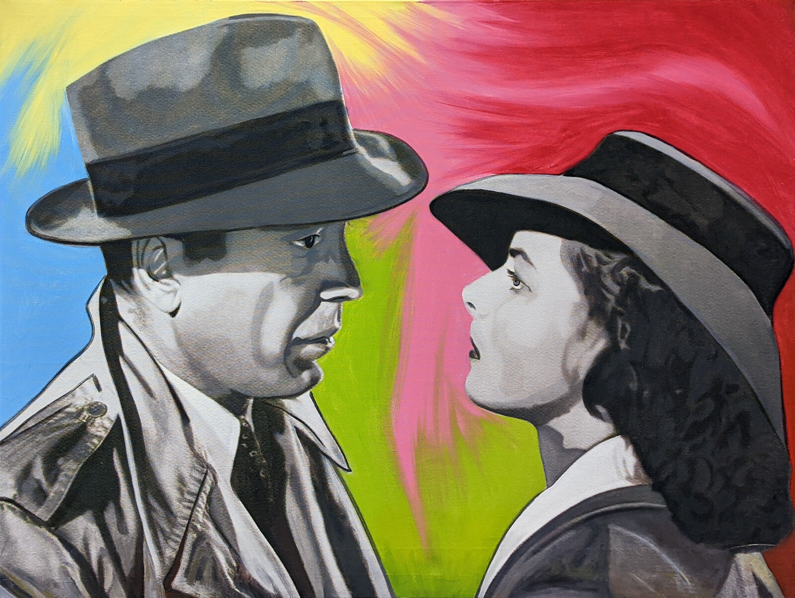A painting of a man and a woman wearing hats.