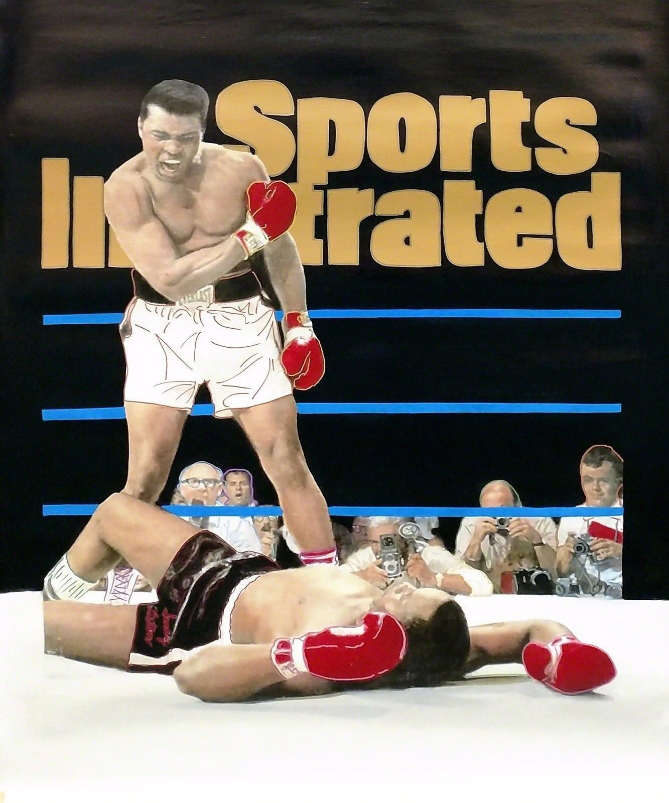 A painting of a man in a boxing ring with a referee.