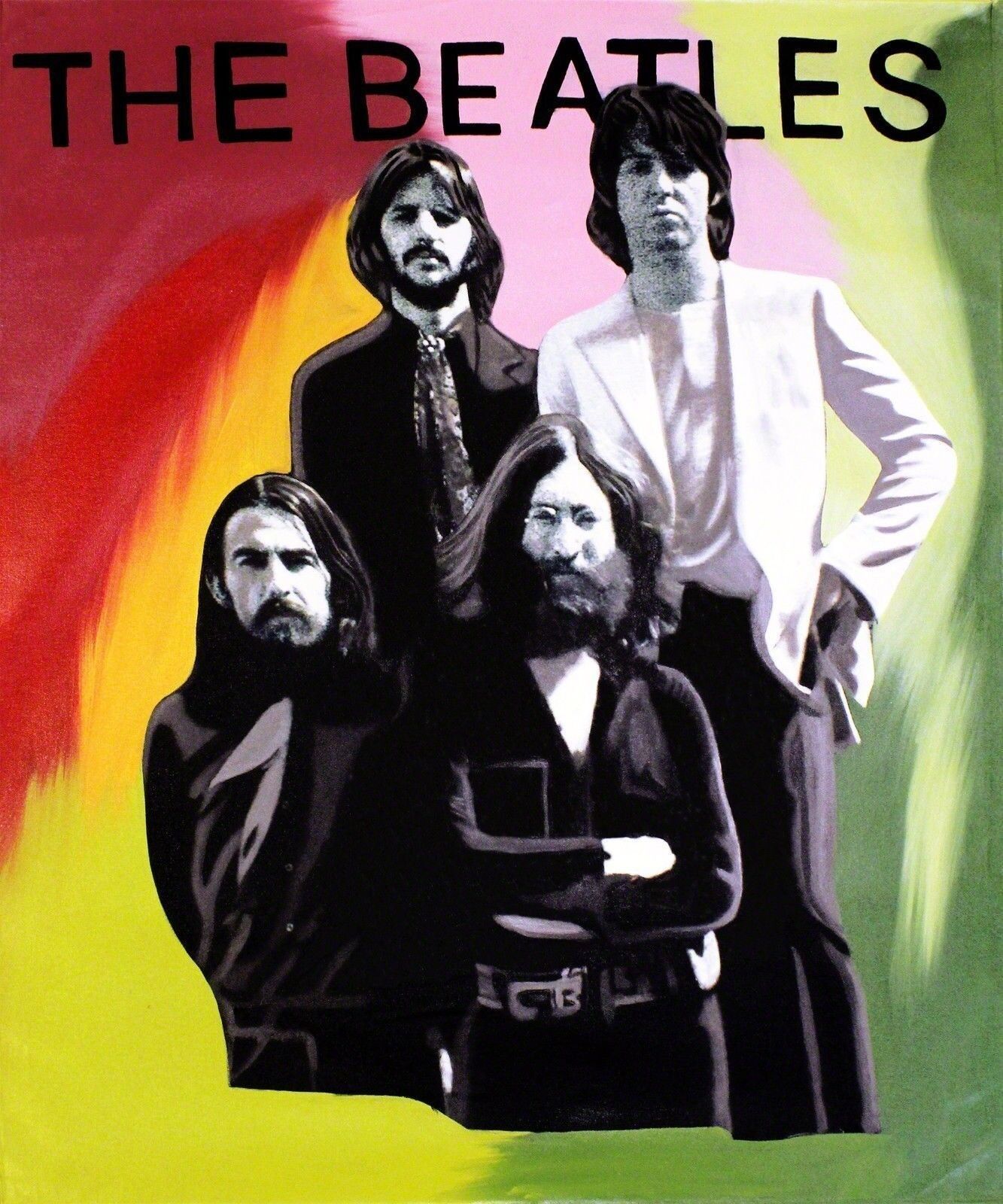 A painting of the Beatles on a colorful background.