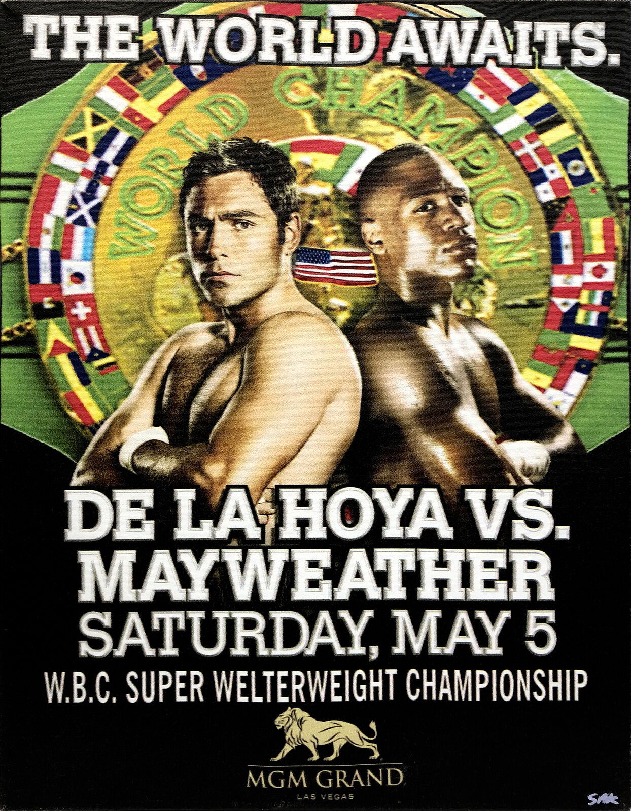 A poster for a boxing match with two men standing next to each other.