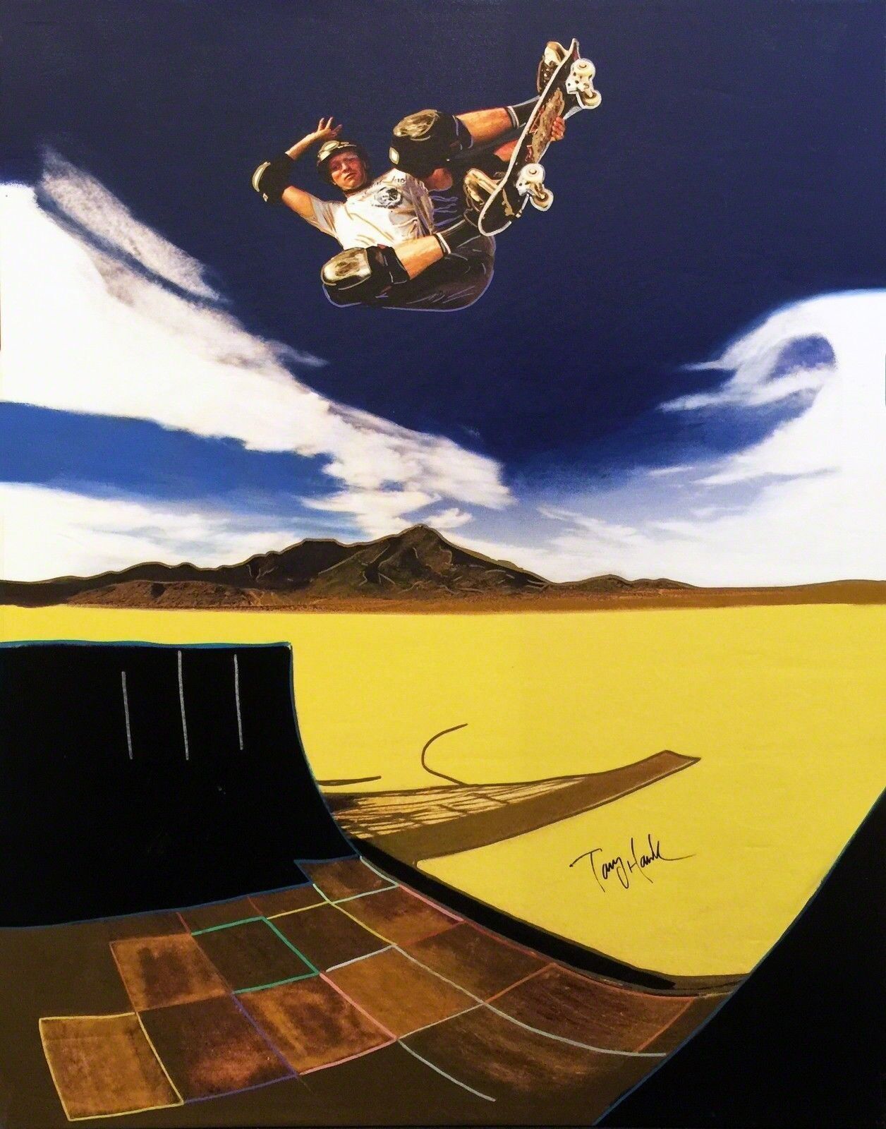 A painting of a skateboarder doing a trick in the air.