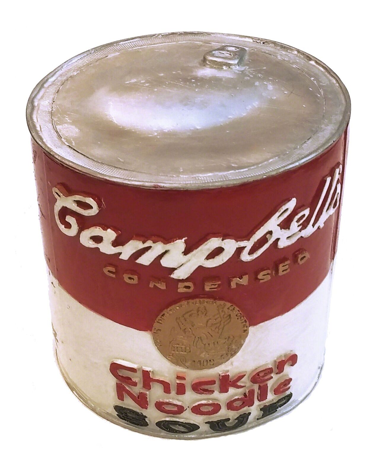 A can of Campbell's chicken noodle soup on a white background.