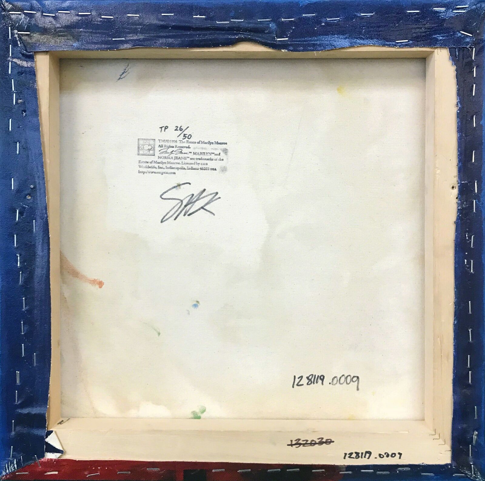 A painting of a woman's face on a blue background.