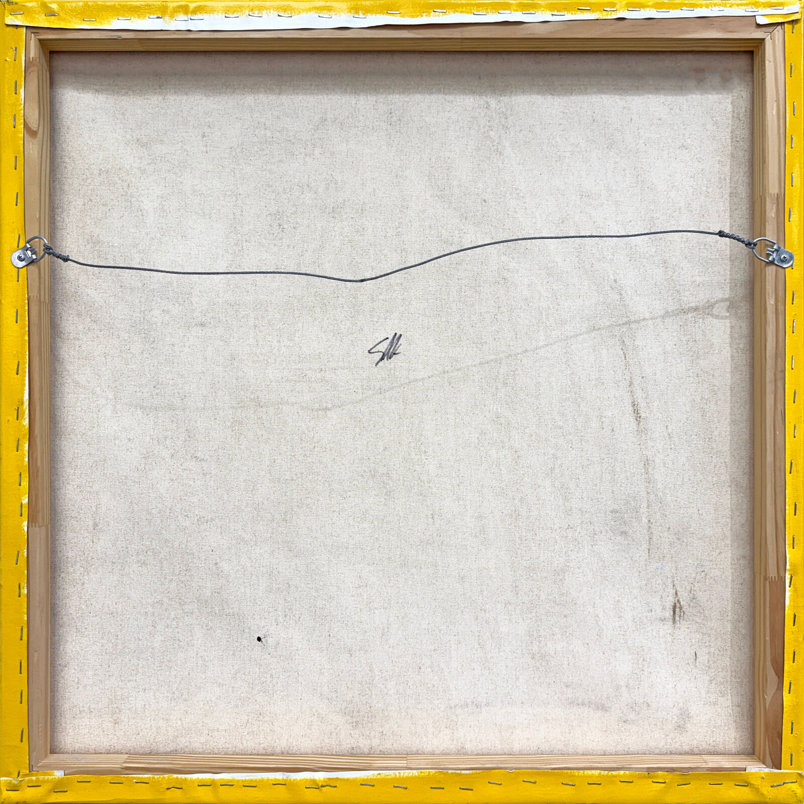 A painting of a woman with blue eyes on a yellow background.