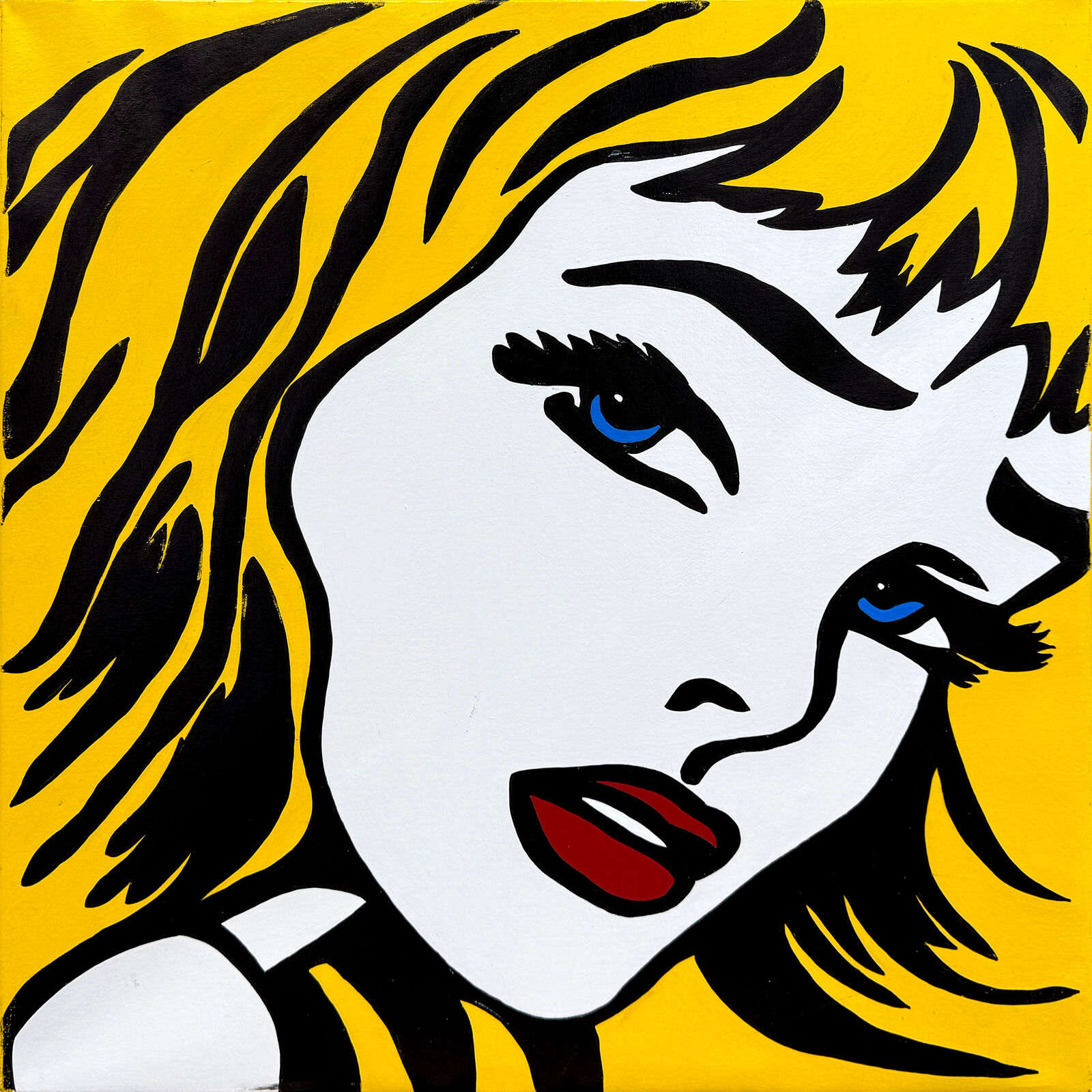 A painting of a woman with blue eyes on a yellow background.