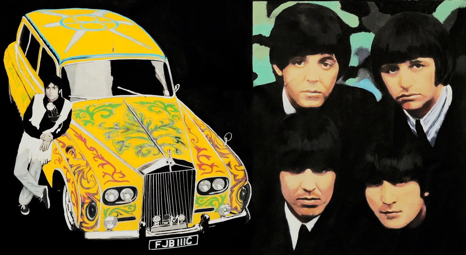 A painting of the Beatles next to a painting of a car.