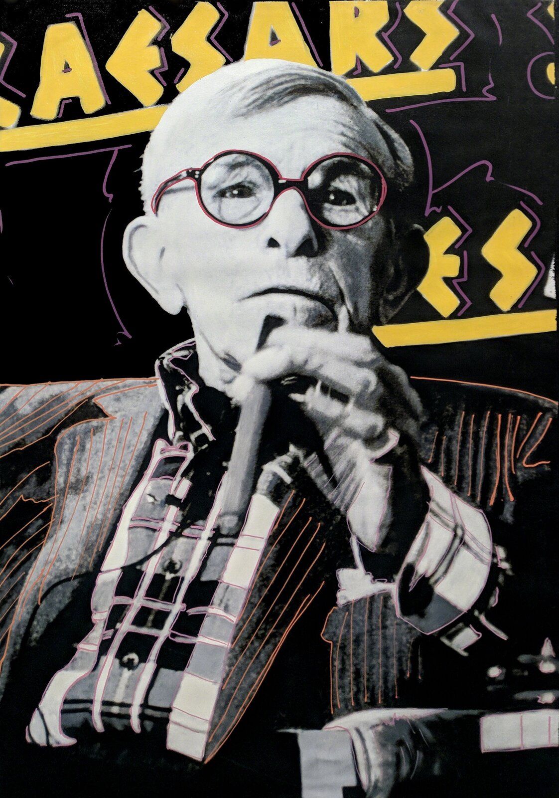 A painting of a man with glasses and a guitar.