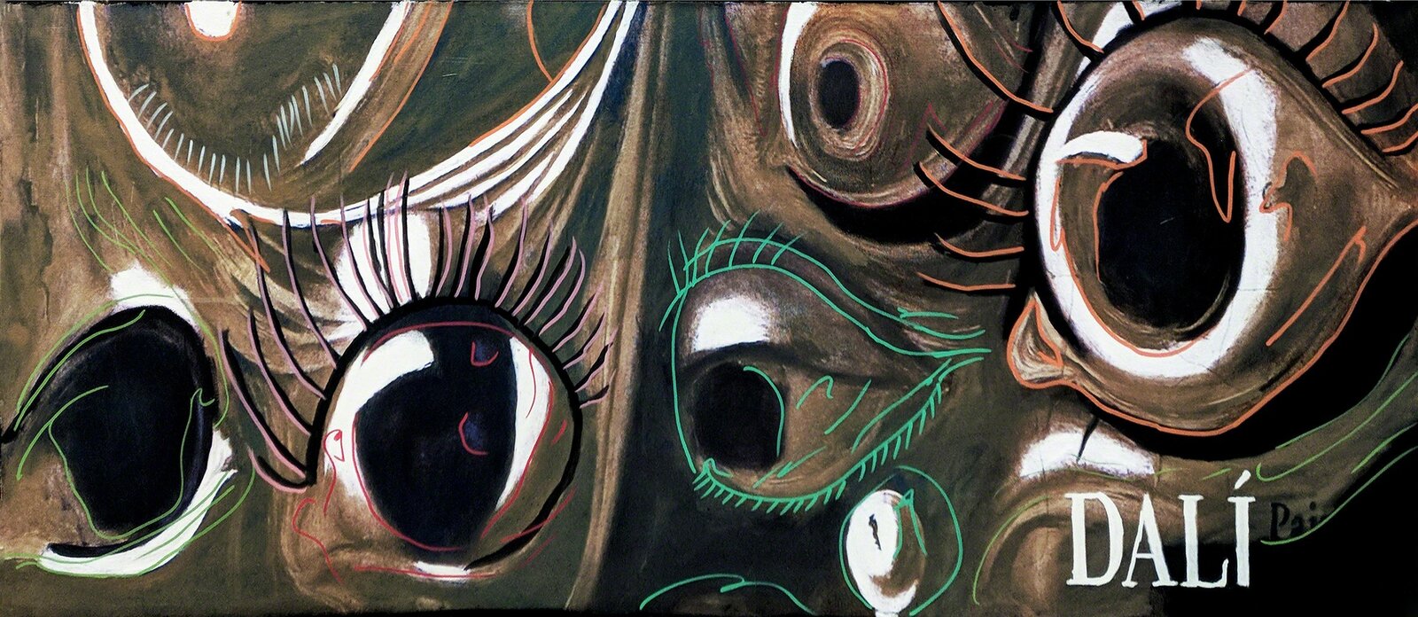 A painting of a group of eyes with the word Dali written on it.