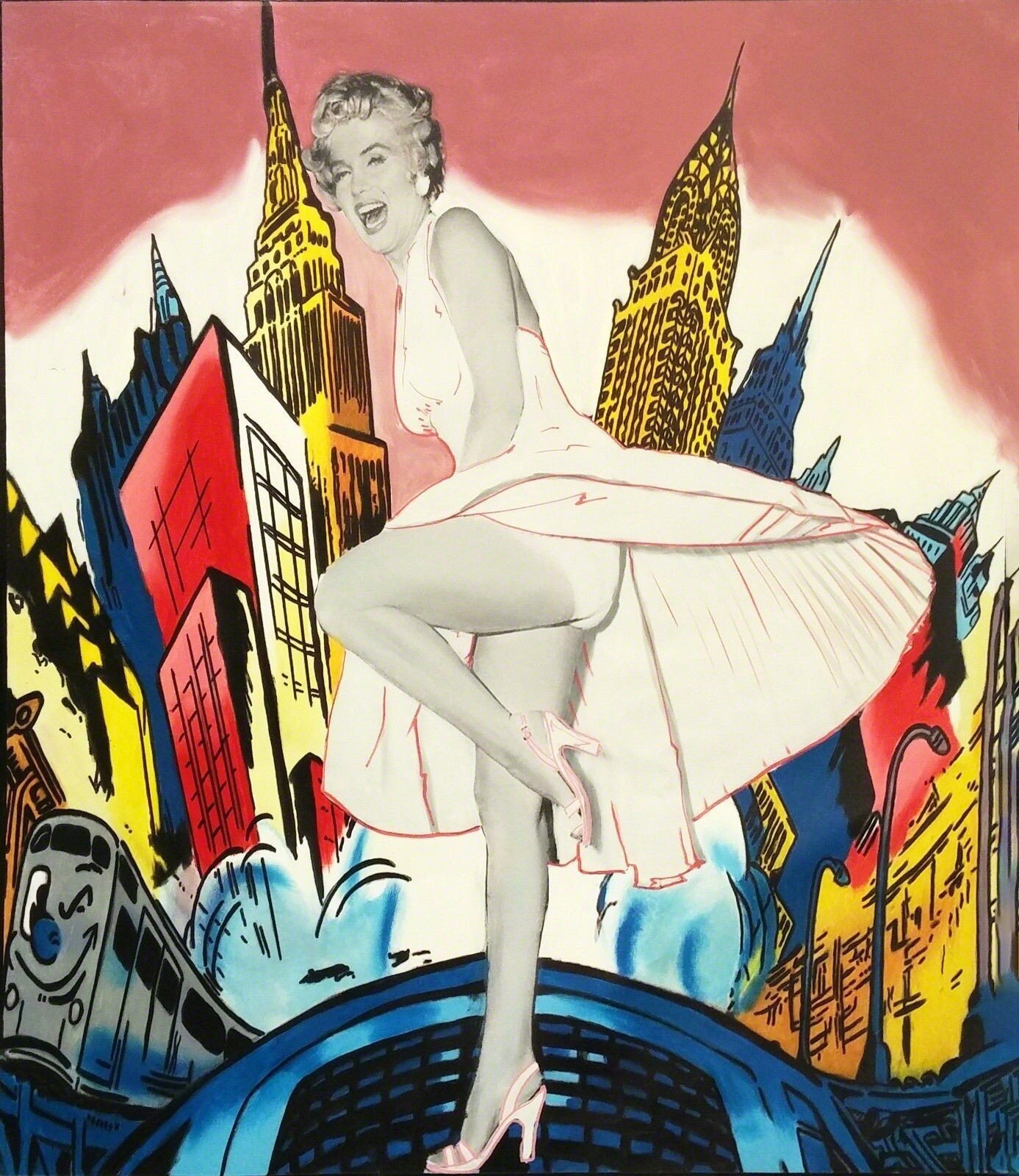 A painting of a woman in a white dress on top of a building.