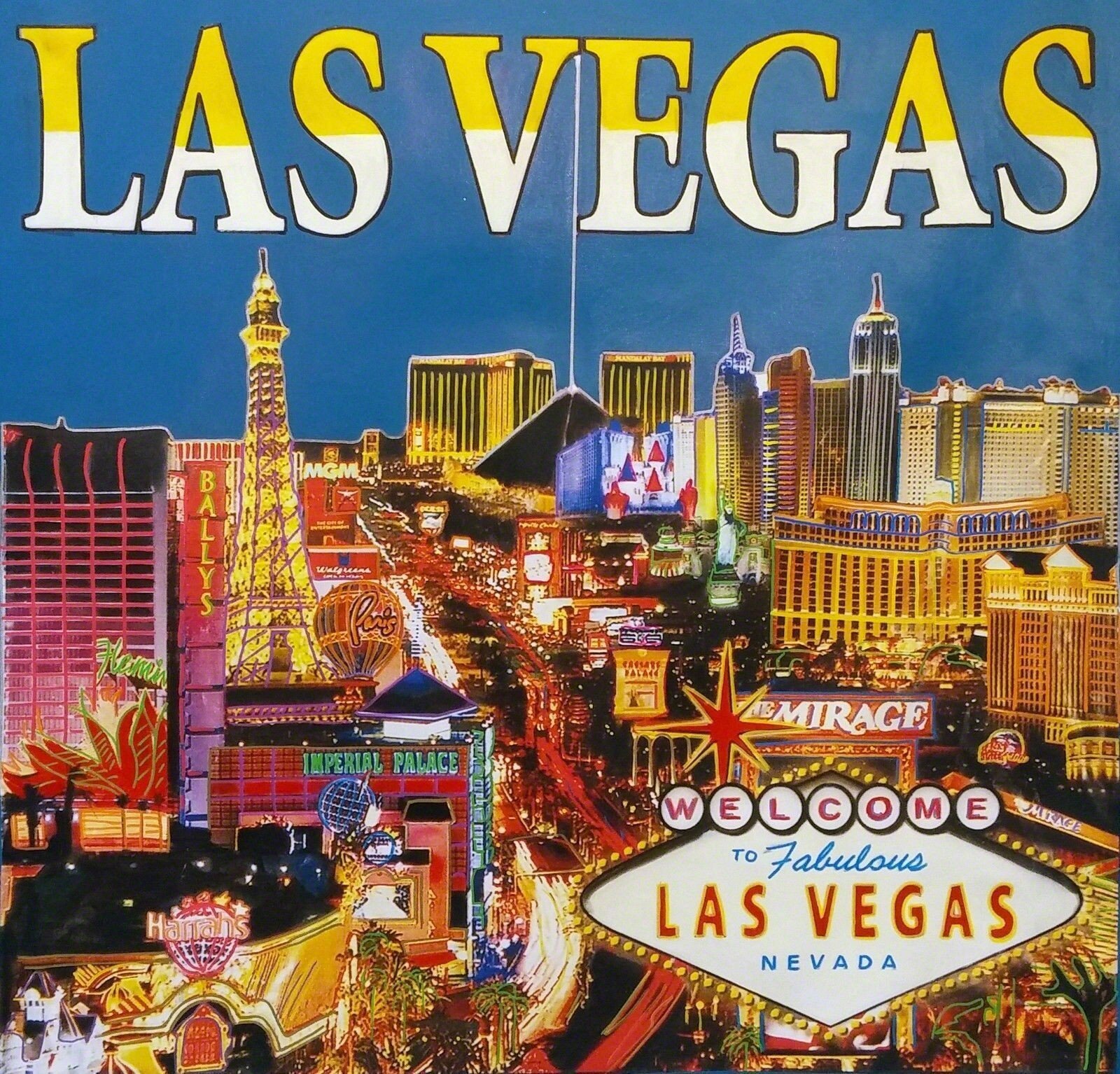 A picture of the Las Vegas sign in front of a city.