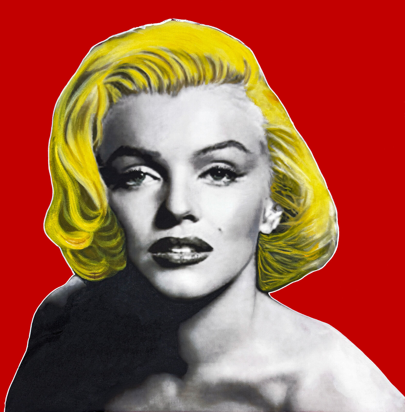 A painting of a woman with yellow hair on a red background.