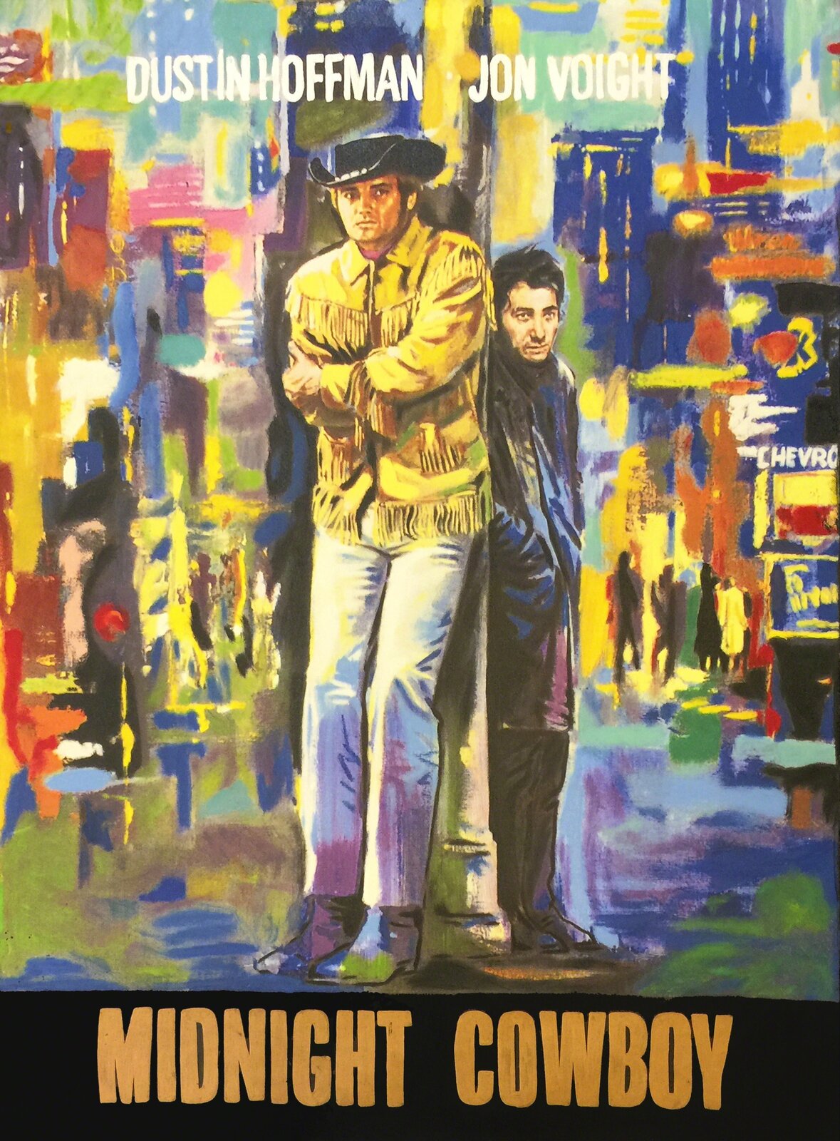 A painting of two men standing next to each other on a city street.