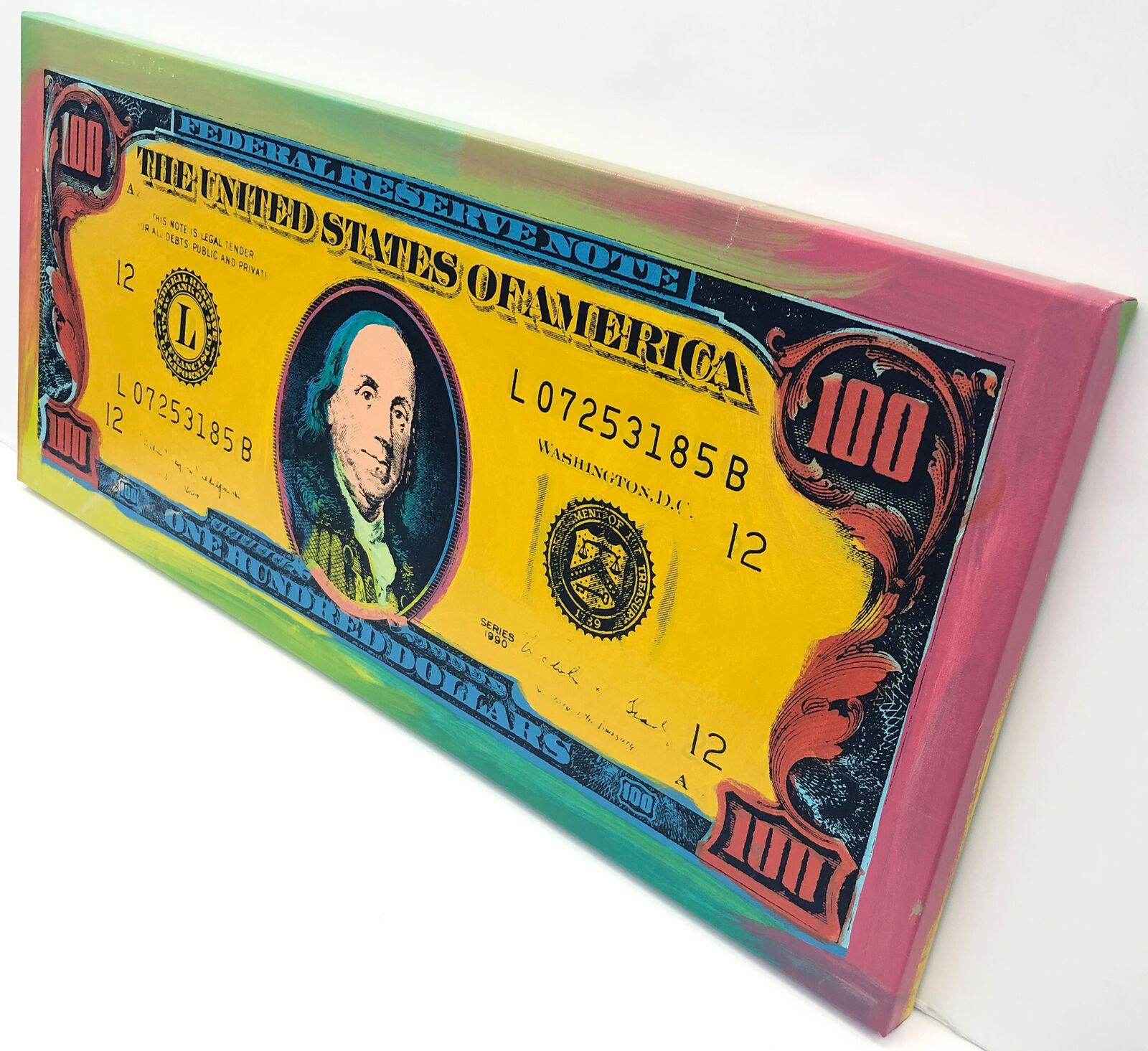 Artwork by Steve Kaufman, One Hundred Dollar Bill (unique hand painted silkscreen on canvas), Made of Oil Painted Silkscreen On Canvas 