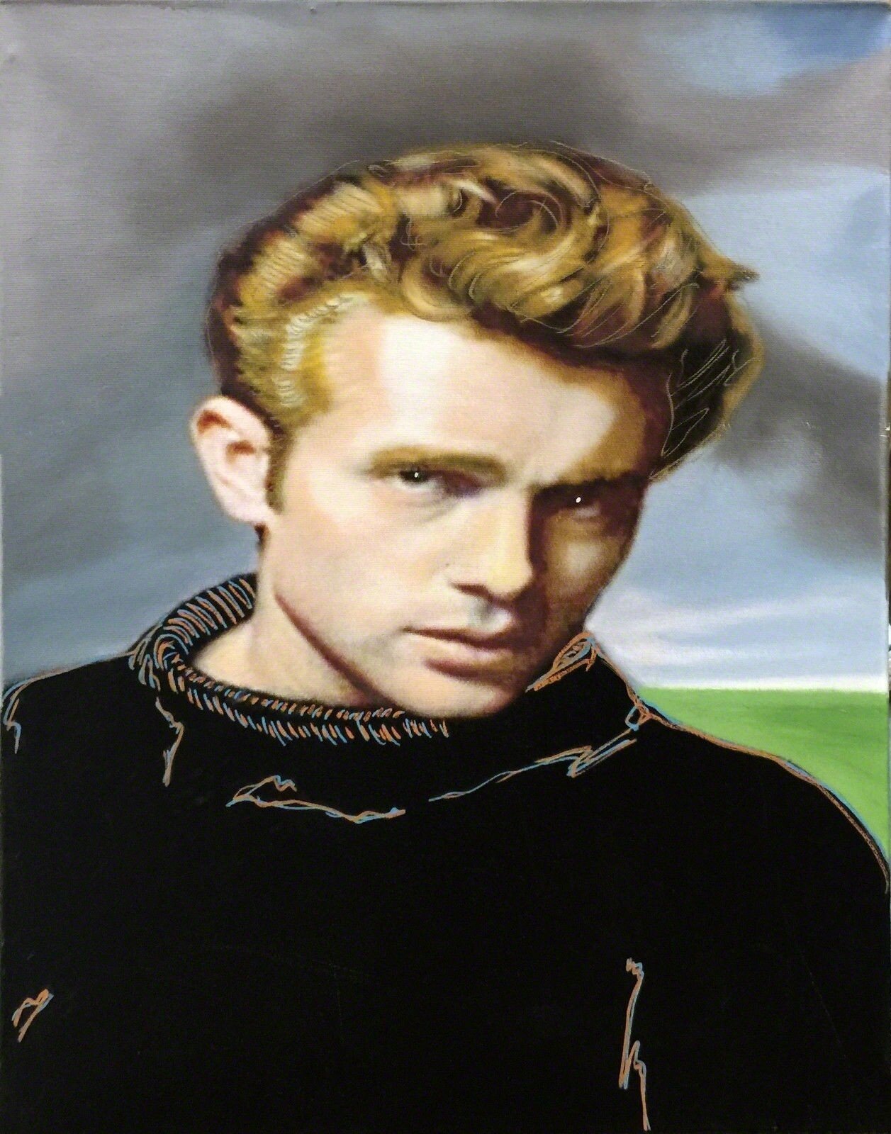 A painting of a man in a black shirt.