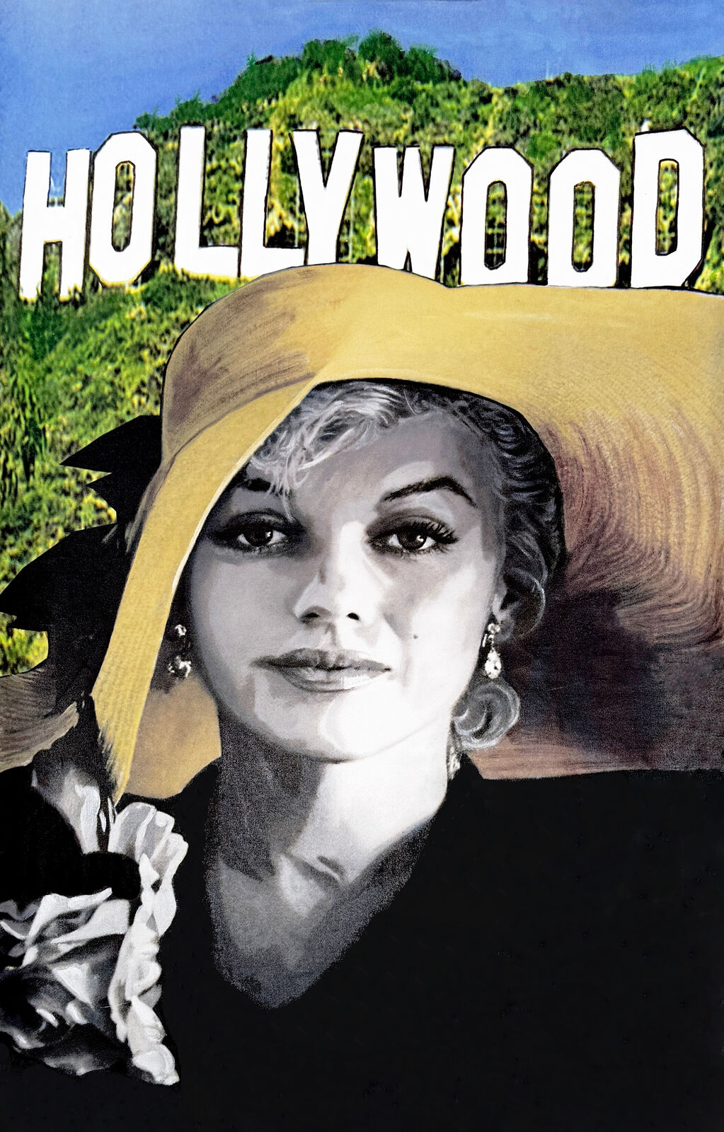 A poster for the movie HOLLYWOOD with a woman in a yellow hat.