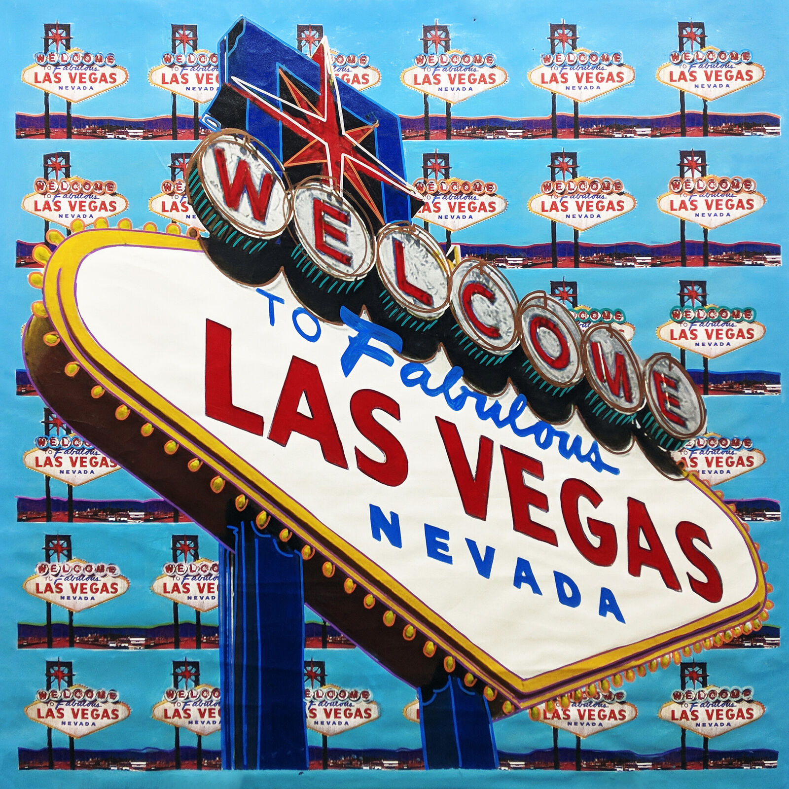 A welcome to fabulous las vegas sign on a blue background.