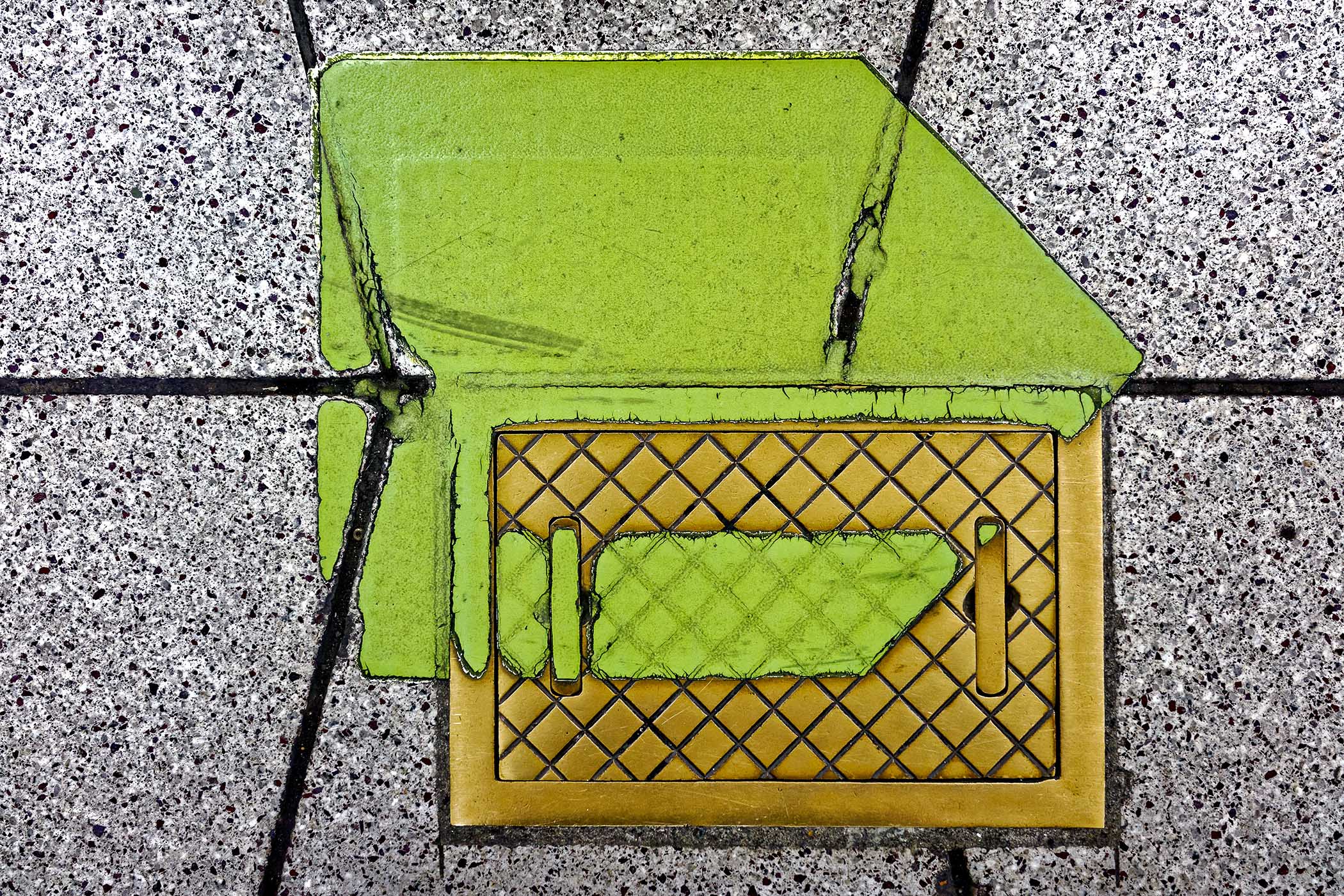 A drawing of a green house on a sidewalk.