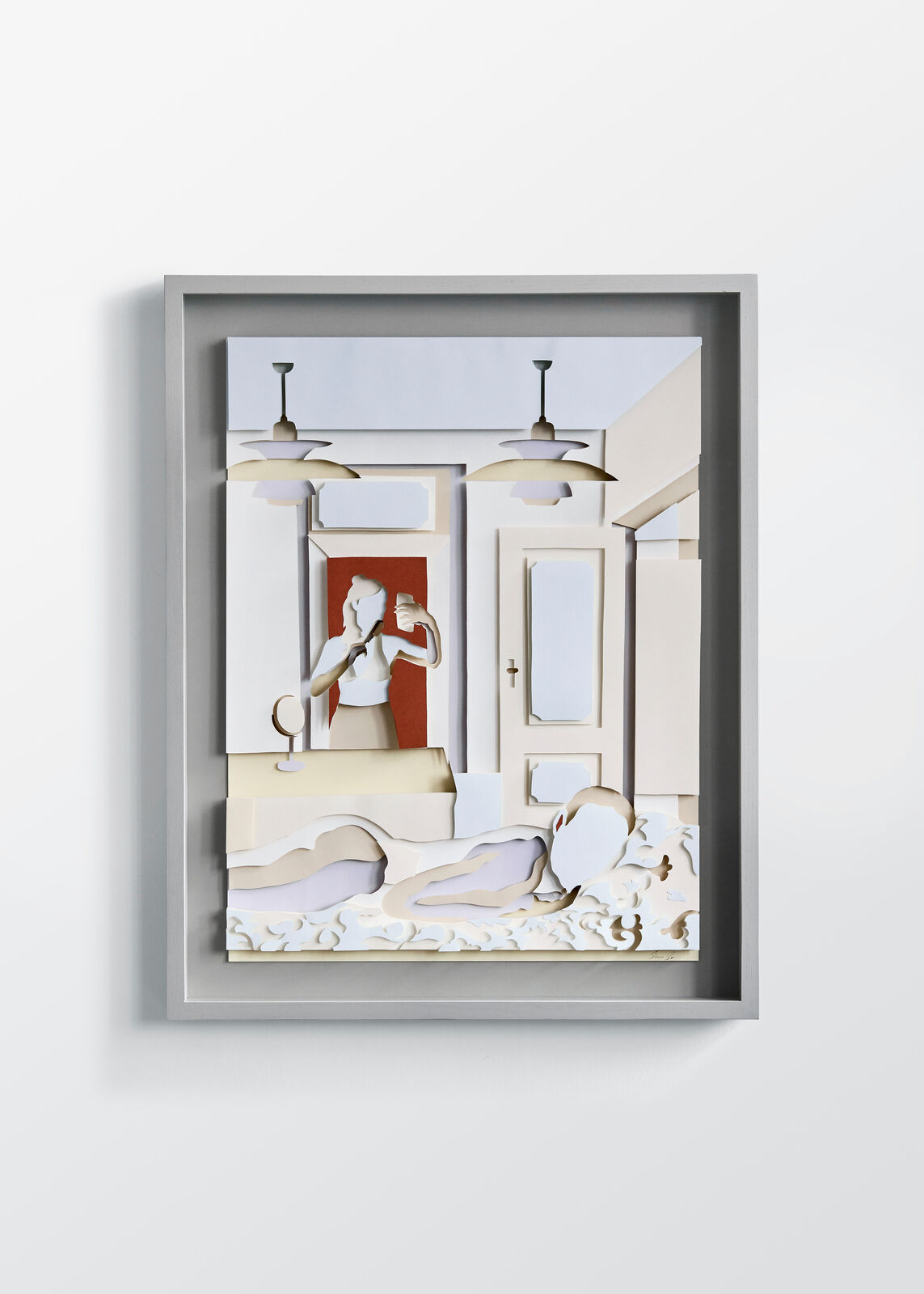A picture of a woman in a bathroom with a mirror.