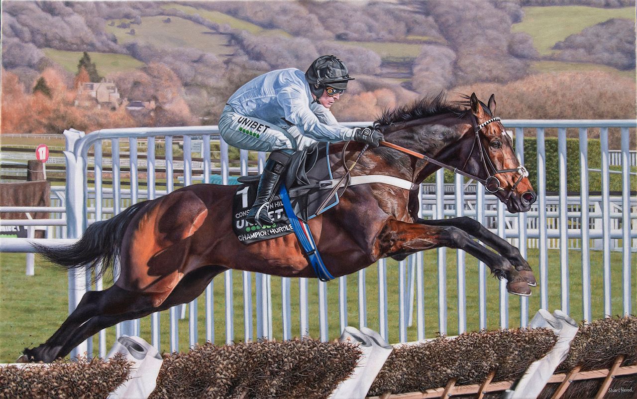 A painting of a jockey on a horse jumping over a fence.